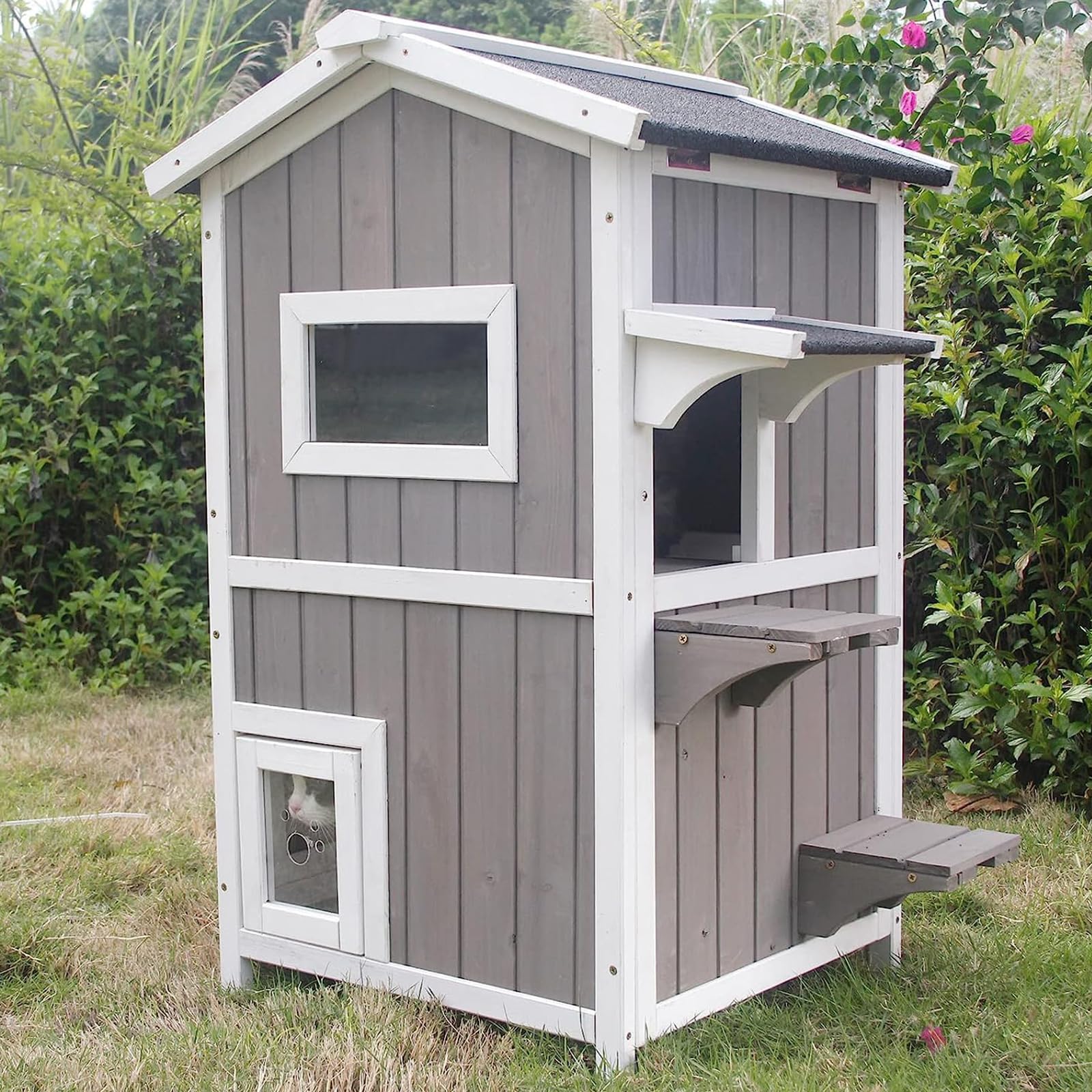 Weatherproof Outdoor Cat Shelter - Two-Story Wooden Feral Cat House with Removable Roof & Escape Door - Perfect for Backyards, Gardens & Winter Protection