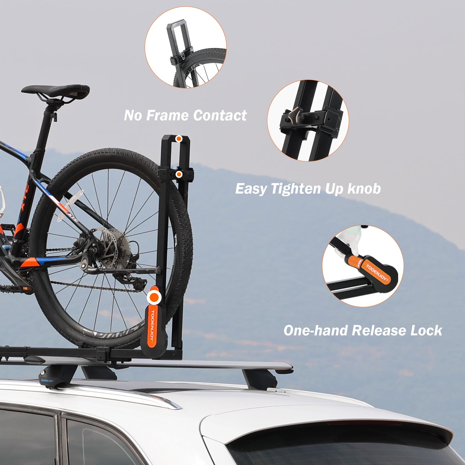 TOOENJOY Car SUV Rooftop Bike Rack - Adjustable Upright Roof Mount Bicycle Carrier with 2 Arms for Movable Crossbar (Fits 1 Bike) | Perfect for Road Trips, Camping & Outdoor Adventures