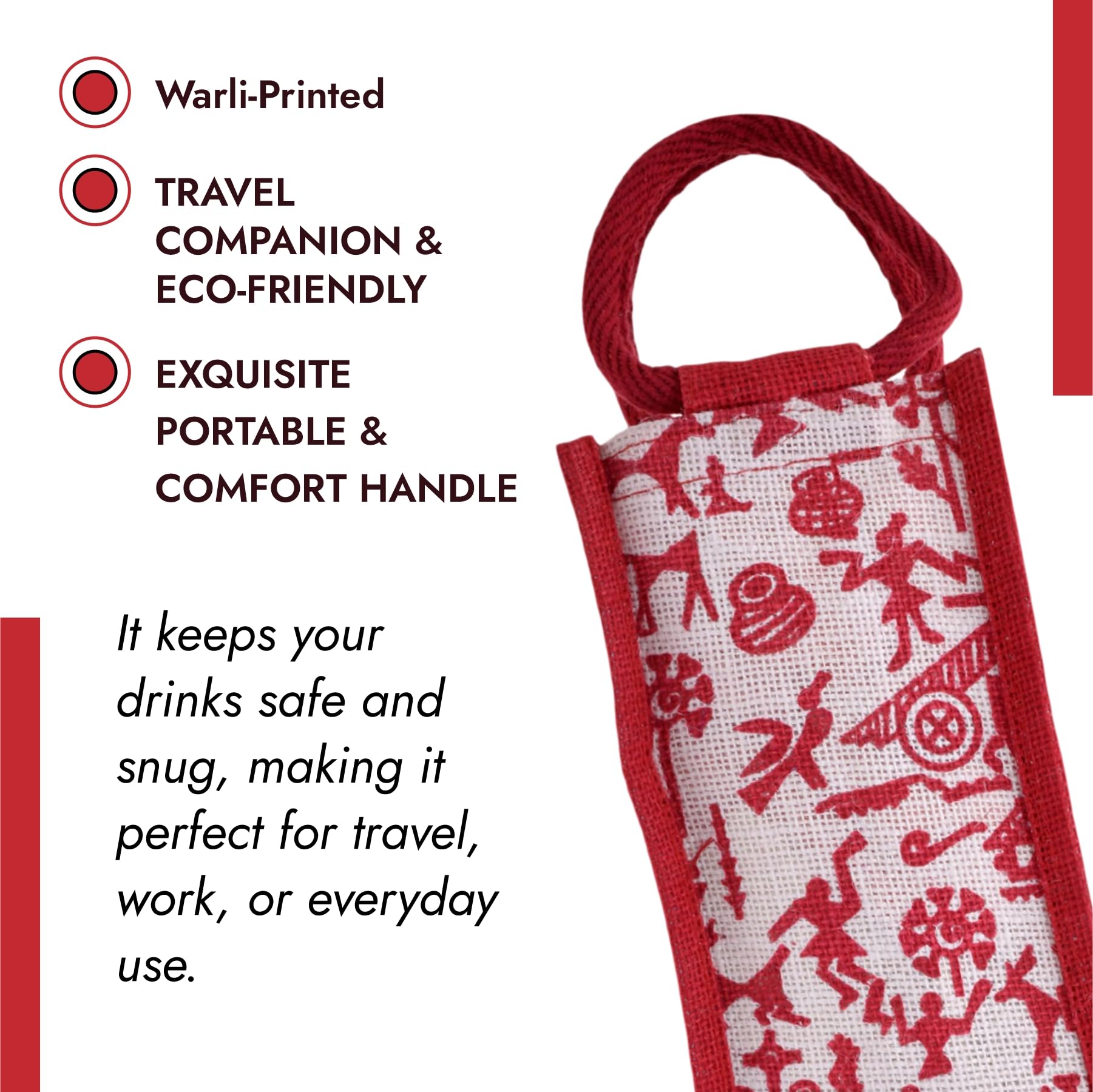 Kuber Industries Reusable Jute Bottle Bag with Handle - Eco-Friendly Water & Wine Bottle Cover for Office, Travel & Gifts - Warli-Print Design - Pack of 3 (Red) | Perfect for Picnics, Parties & Sustainable Gifting