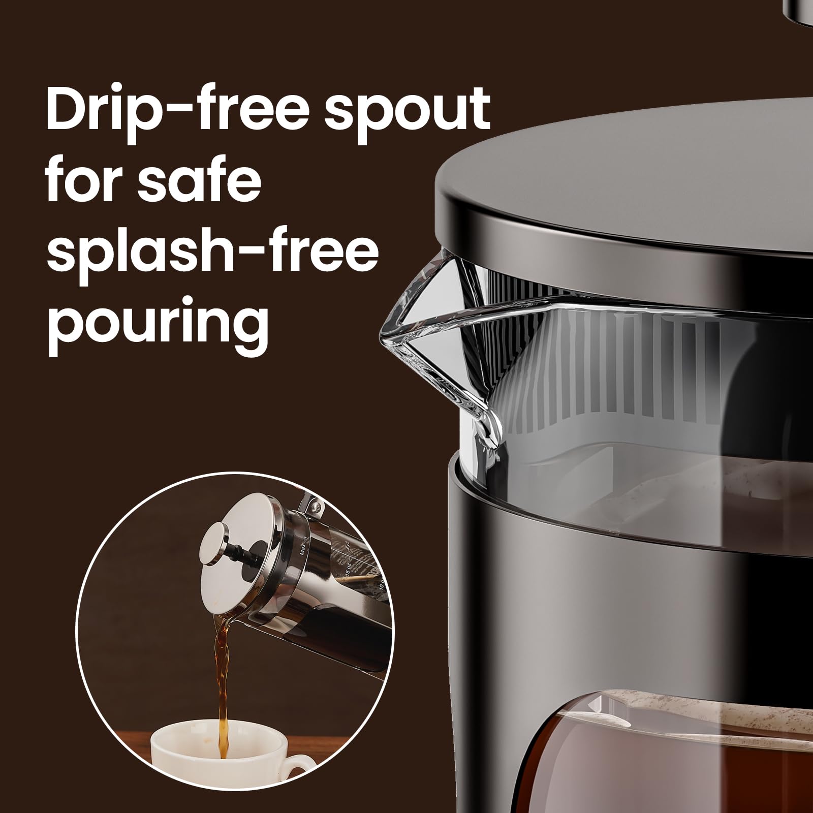 BAYKA 21oz French Press Coffee Maker - 0.6L Small Single Serve Brewer with Heat Resistant Borosilicate Glass & Stainless Steel - Perfect for Home, Office, Camping & Cold Brew Tea Making - Dark Pewter