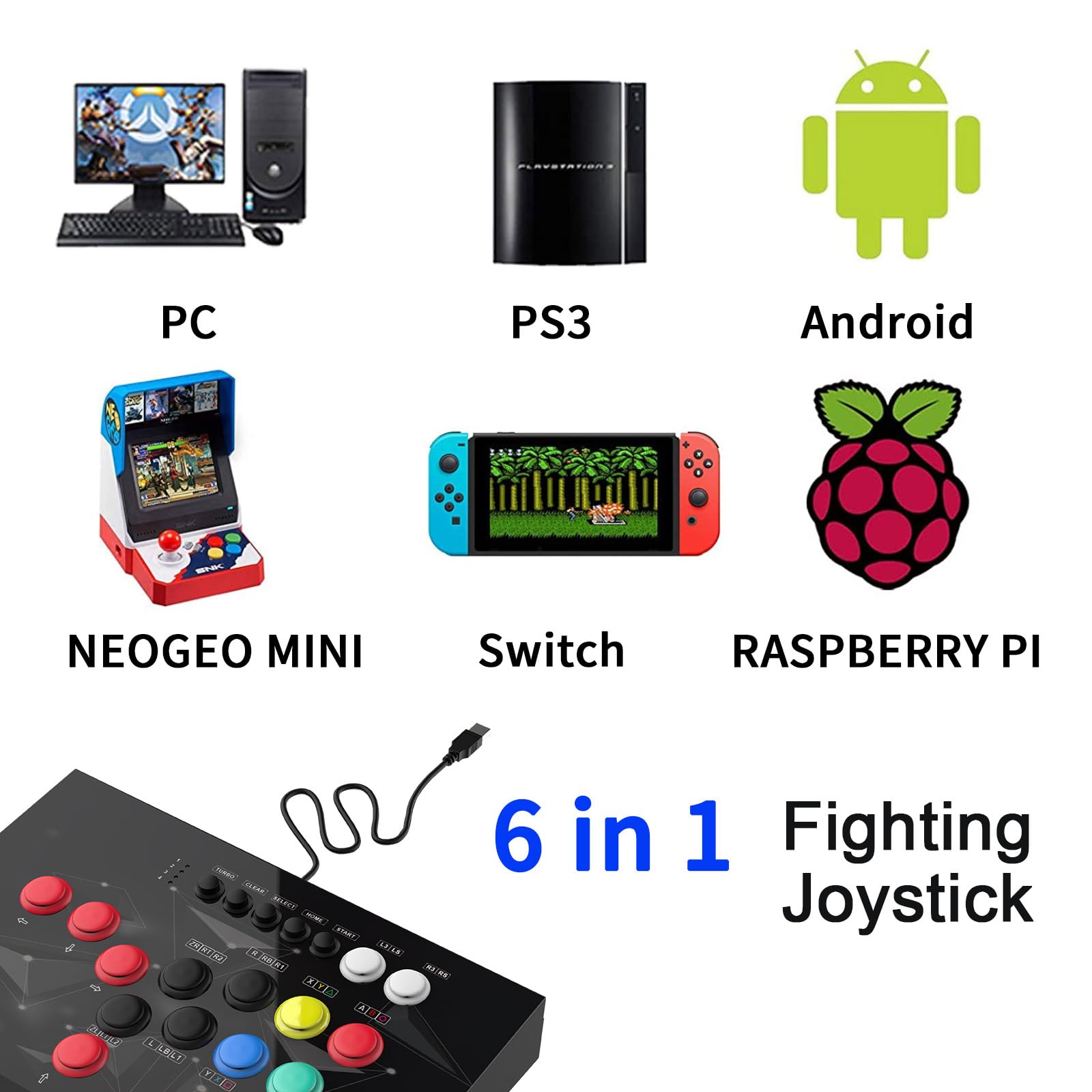 DOYO Arcade Fight Stick - Durable Iron Joystick for PC, PS3, Switch, NEOGEO Mini, Android & Raspberry Pi | Perfect for Home Gaming & Fighting Tournaments (Black)