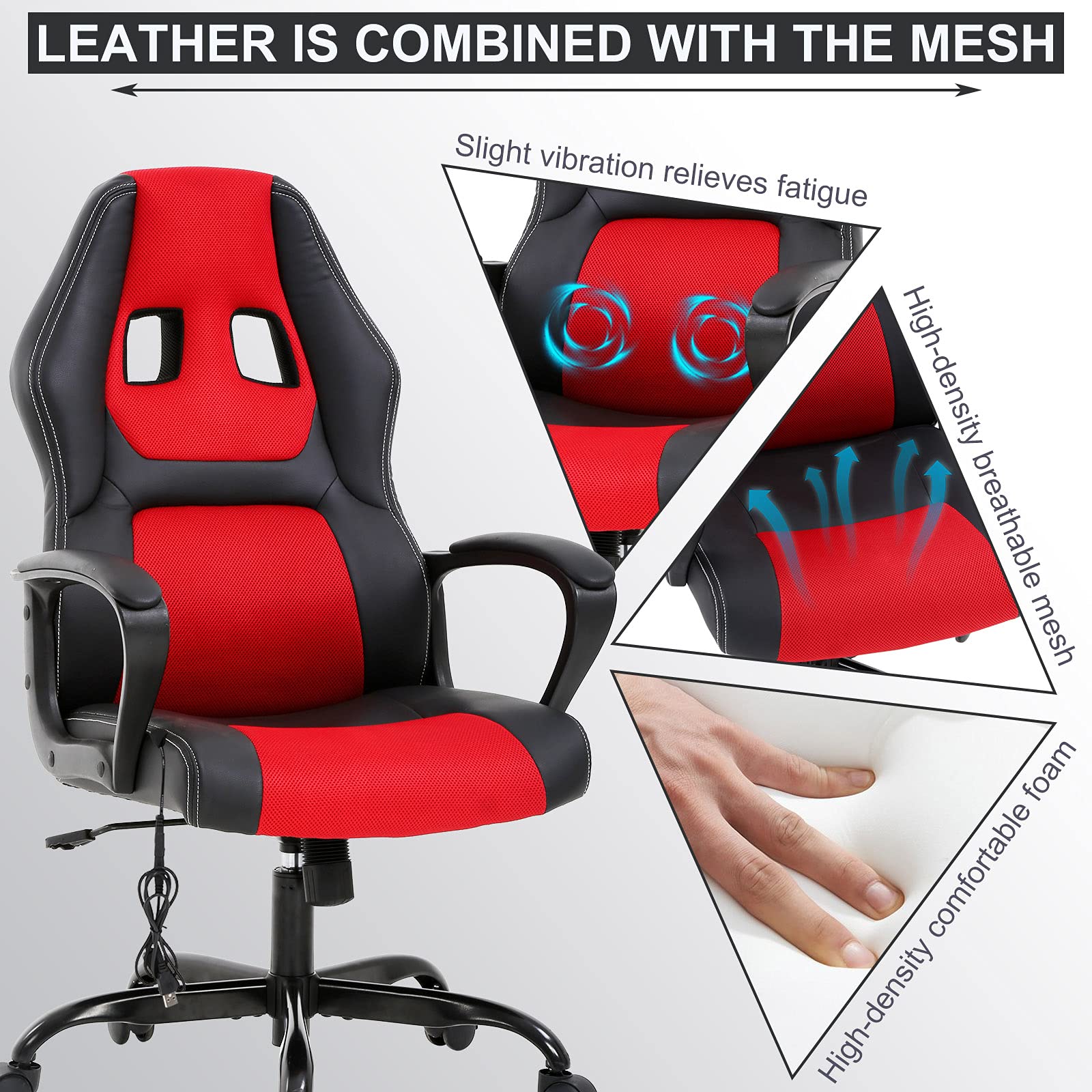 Ergonomic Gaming Chair with Massage & Lumbar Support - PU Leather Office Computer Chair with Adjustable Headrest & Armrests - Modern Swivel Rolling Task Chair for Home & Office Workspace - Perfect for Gaming, Working, and Relaxing (Red)