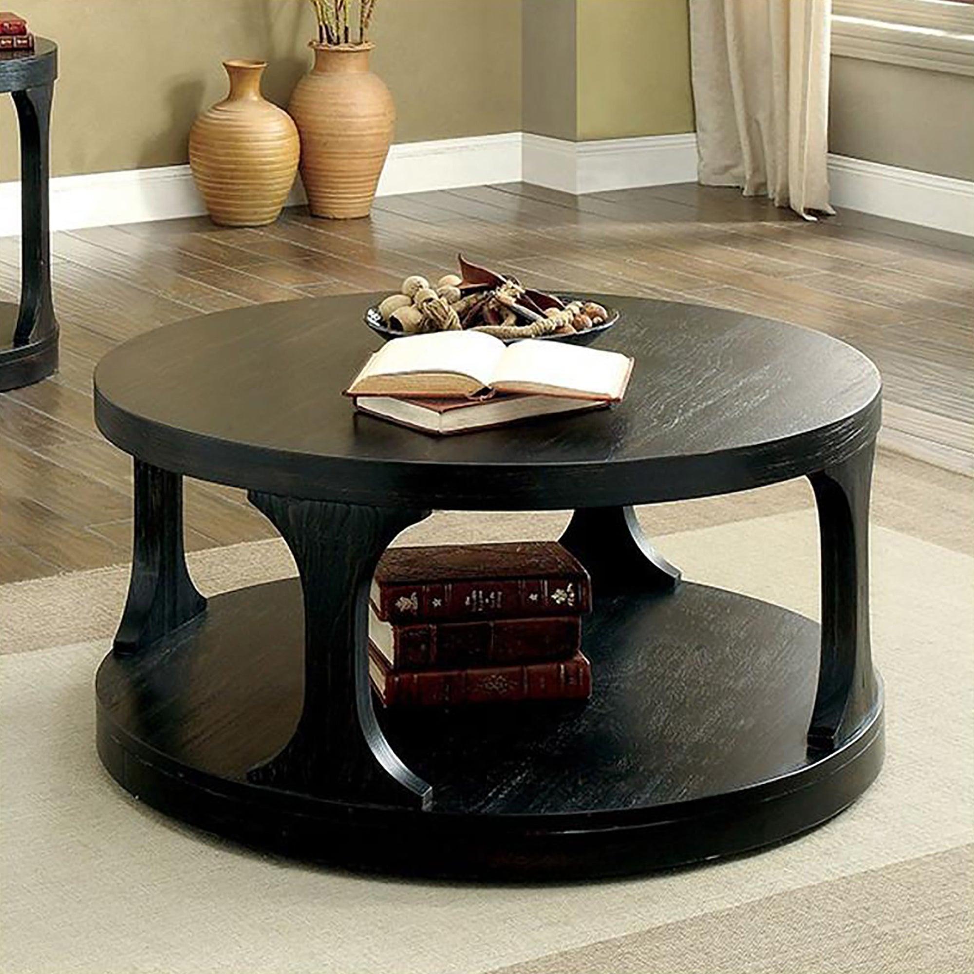 Antique Black Round Coffee Table with Open Shelf - 18 Inch Height, Sturdy Structure for Living Room, Lounge & Office Use
