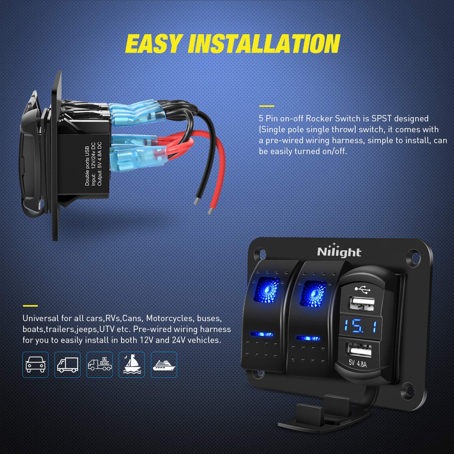 Nilight 90116C 2 Gang Rocker Switch Panel with 4.8A Dual USB Charger & Voltmeter - Waterproof 12V-24V DC Switch with Night Glow Stickers for Cars, Trucks, Boats, RVs (Blue) - Perfect for Off-Roading, Marine & RV Power Management