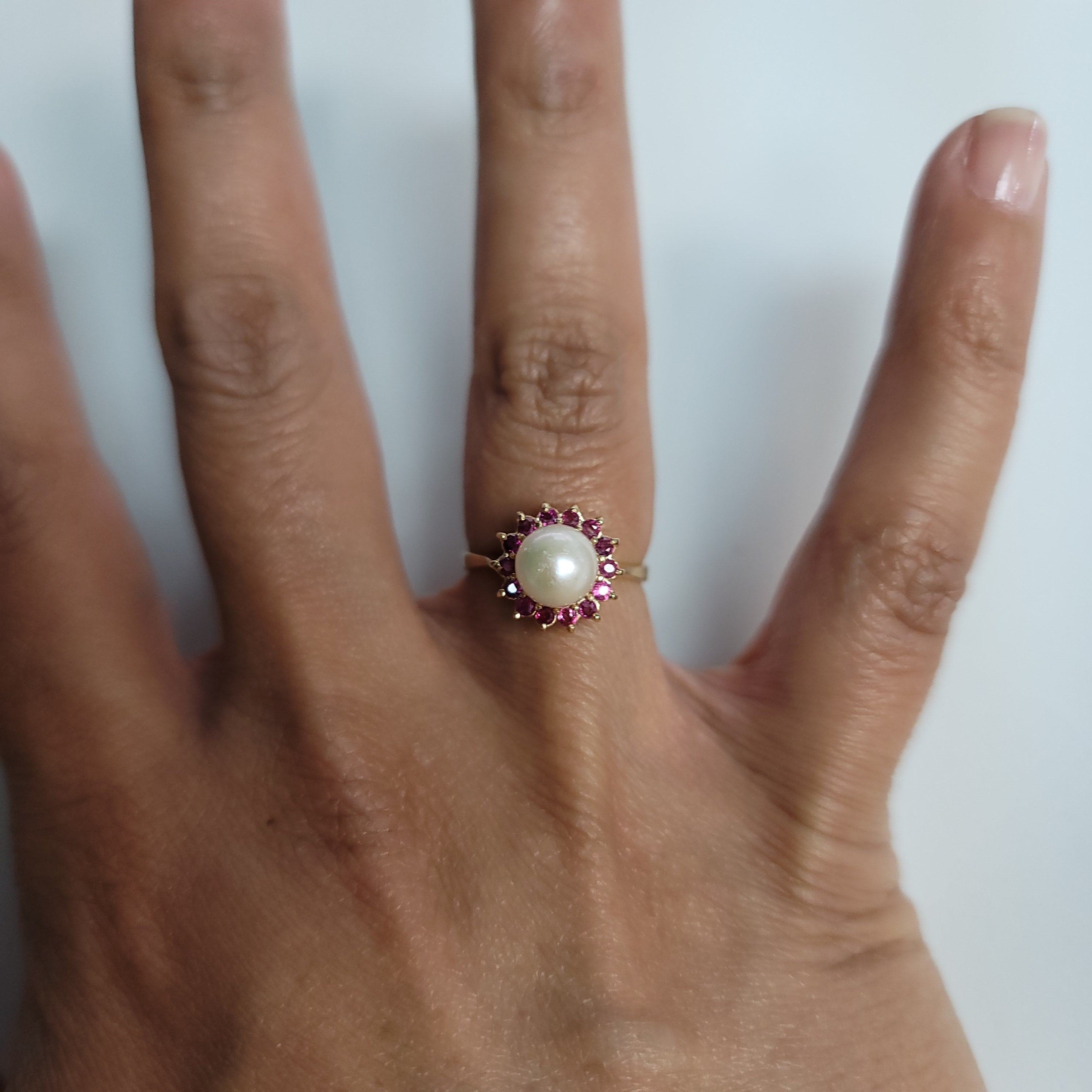 14K Yellow Gold Freshwater Pearl & Ruby Halo Ring - Elegant Bridal Jewelry, Anniversary Gift for Her, Perfect for Weddings & Special Occasions