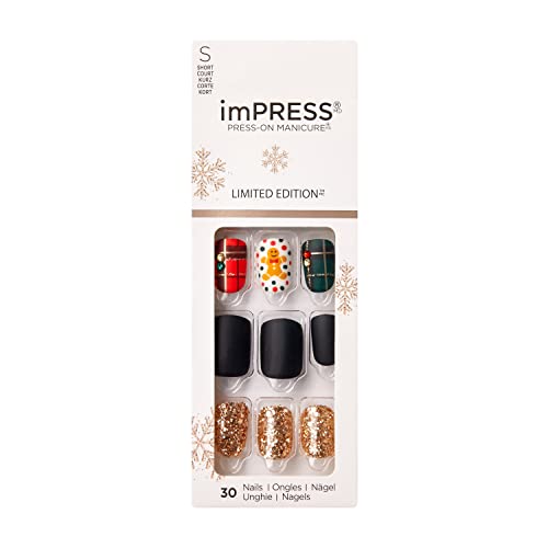KISS imPRESS Limited Edition Holiday Press-On Nails - Short Square Fake Nails with PureFit Technology, Style 'Love Me More' - Includes Prep Pad, Mini File, Cuticle Stick & 30 Nails - Perfect for Christmas Parties, New Year Events & Special Occasions