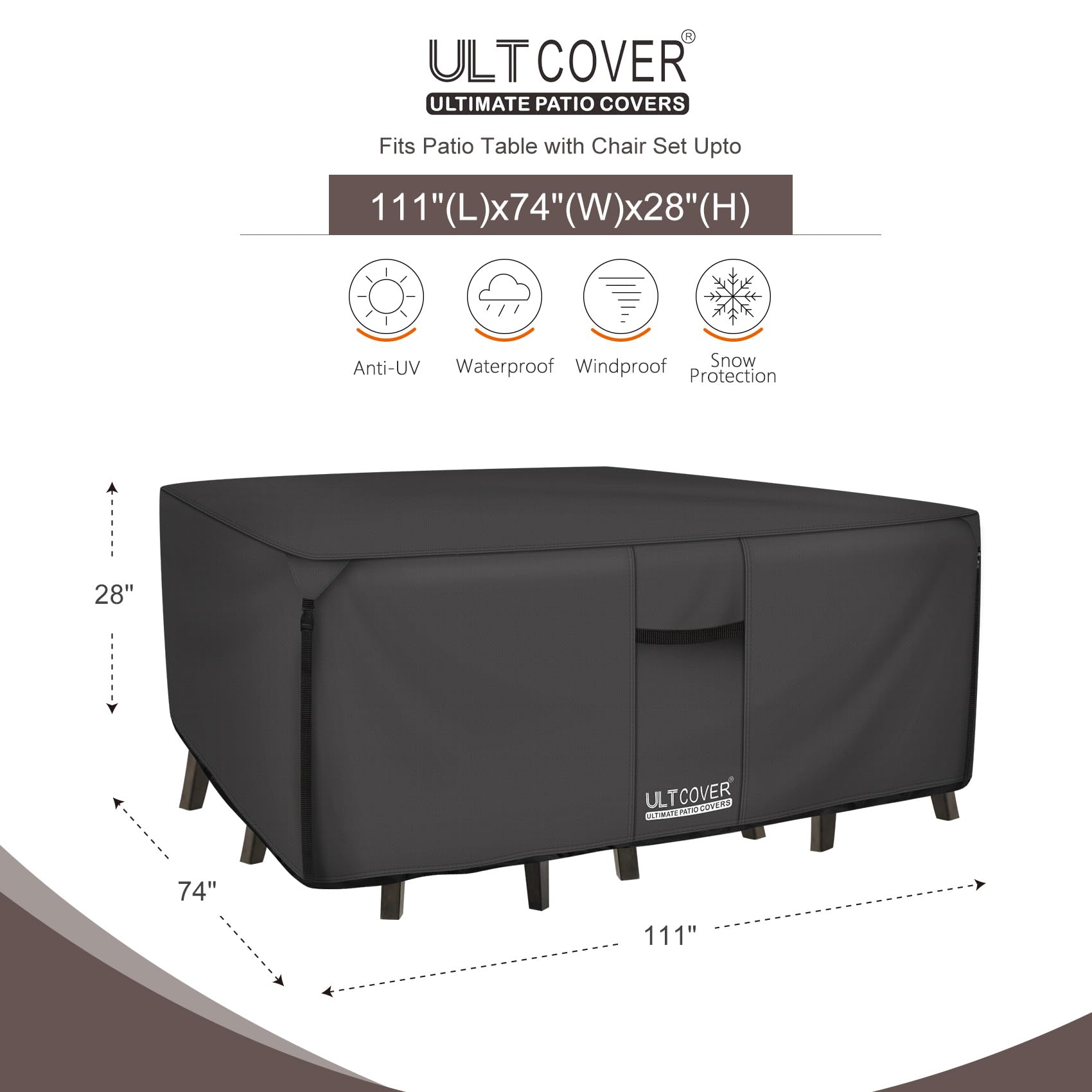 ULTCOVER 600D Heavy Duty Waterproof Outdoor Patio Table and Chair Cover - Durable 600D Polyester Canvas Furniture Protector for Rectangular Tables 111 x 74 Inches, Black - Perfect for Backyard, Garden, and Poolside Furniture Protection