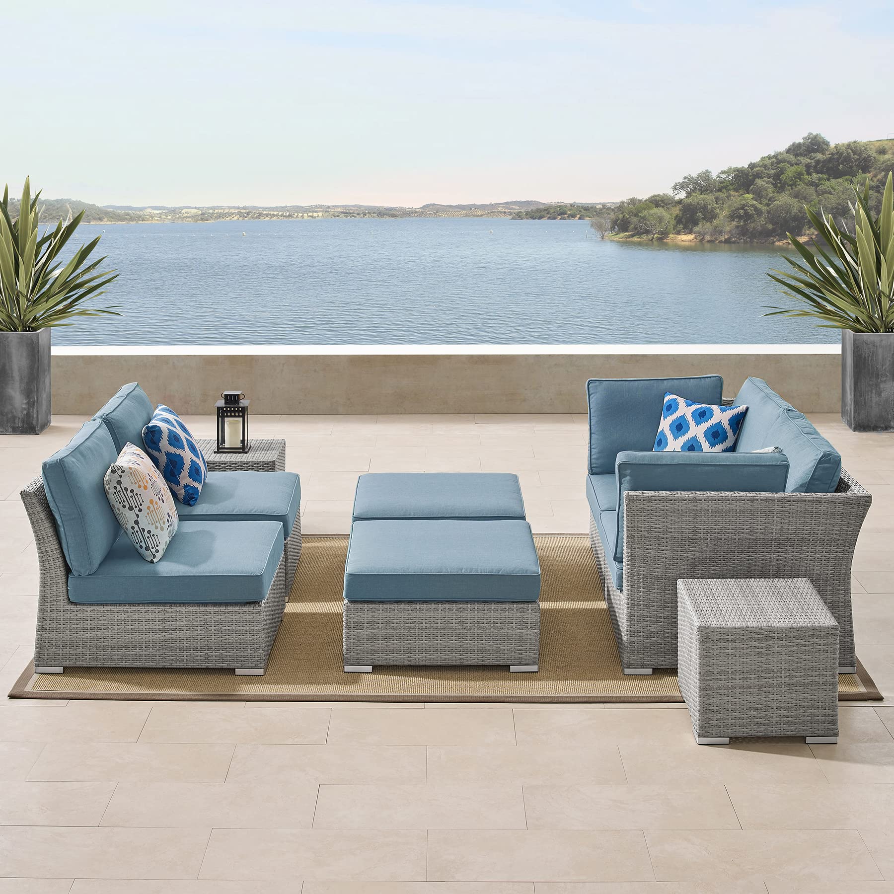 Premium 8-Piece Outdoor Wicker Furniture Set - 6-Seater Patio Sofa with Thick Cushions, 4 Seats, 2 Ottomans & 2 Coffee Tables - All-Weather Rattan Deck Conversation Set for Backyard, Garden, Poolside & Patio Relaxation