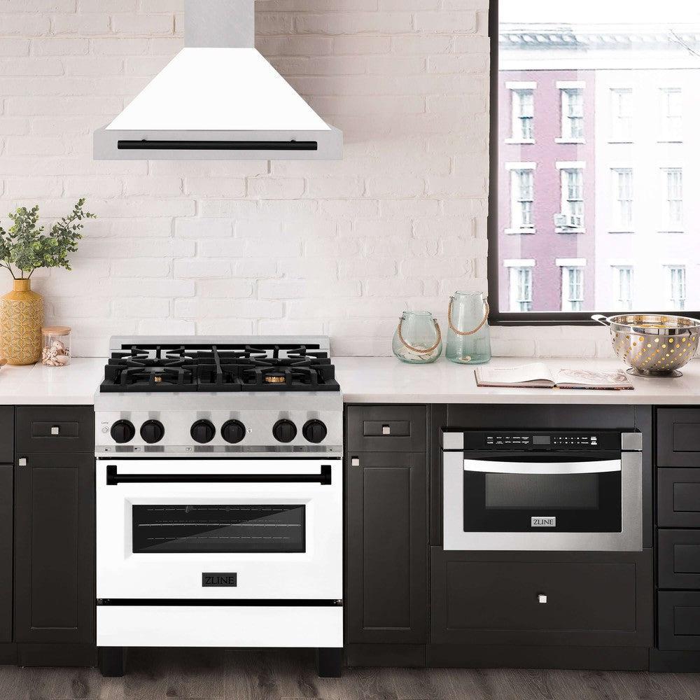 ZLINE KB4SNZ WM30 30-Inch Convertible Wall Mount Range Hood - Satin Stainless Steel with White Matte Shell & Accent Handle | Autograph Edition | Perfect for Modern Kitchens & Open-Concept Homes