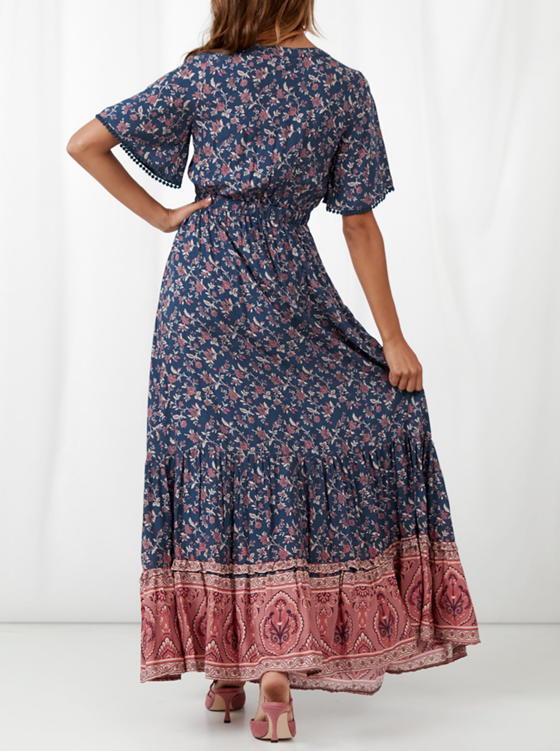 R.Vivimos Women's Summer Cotton Short Sleeve V-Neck Floral Print Casual Bohemian Midi Dress - Perfect for Beach Vacations, Music Festivals & Boho-Chic Outfits