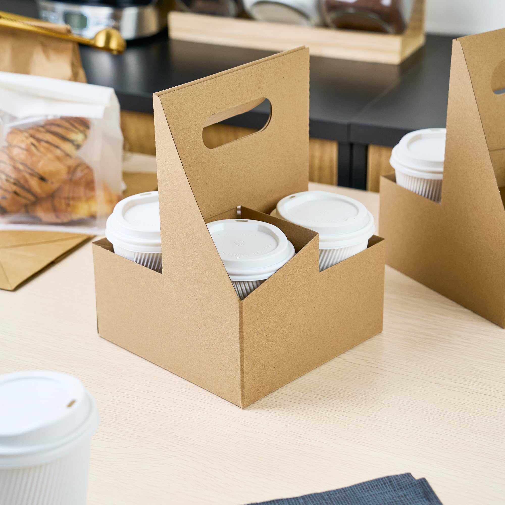 Restaurantware Altalena 100-Pack Disposable Drink Carriers with Handles - Kraft Paper Cup Holders for 4 Beverages | Perfect for Coffee, Smoothie & Bubble Tea Delivery, Takeout & Food Truck Use