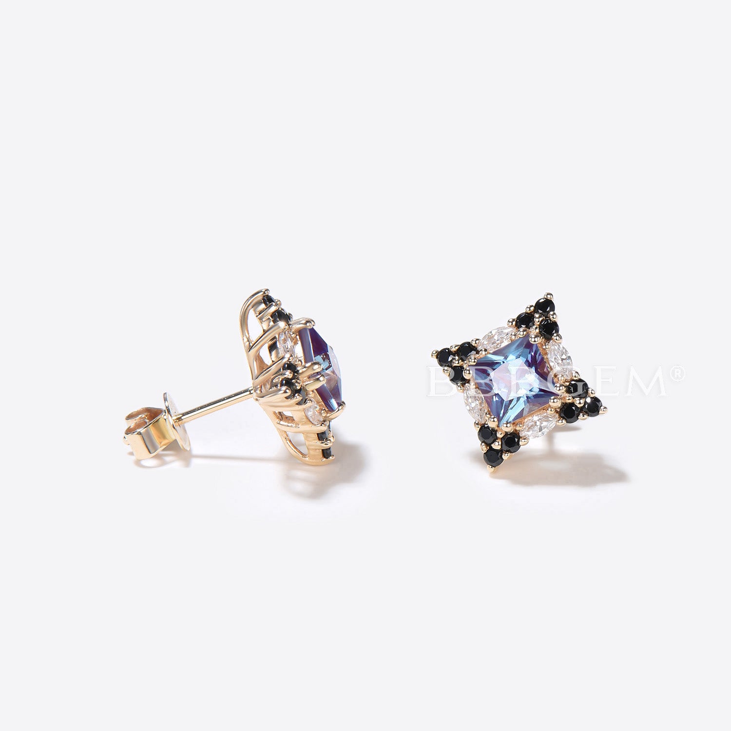 Princess Cut Alexandrite Stud Earrings with Halo Moissanite - Elegant Birthstone Jewelry for Women, Perfect for Weddings, Anniversaries & Special Occasions