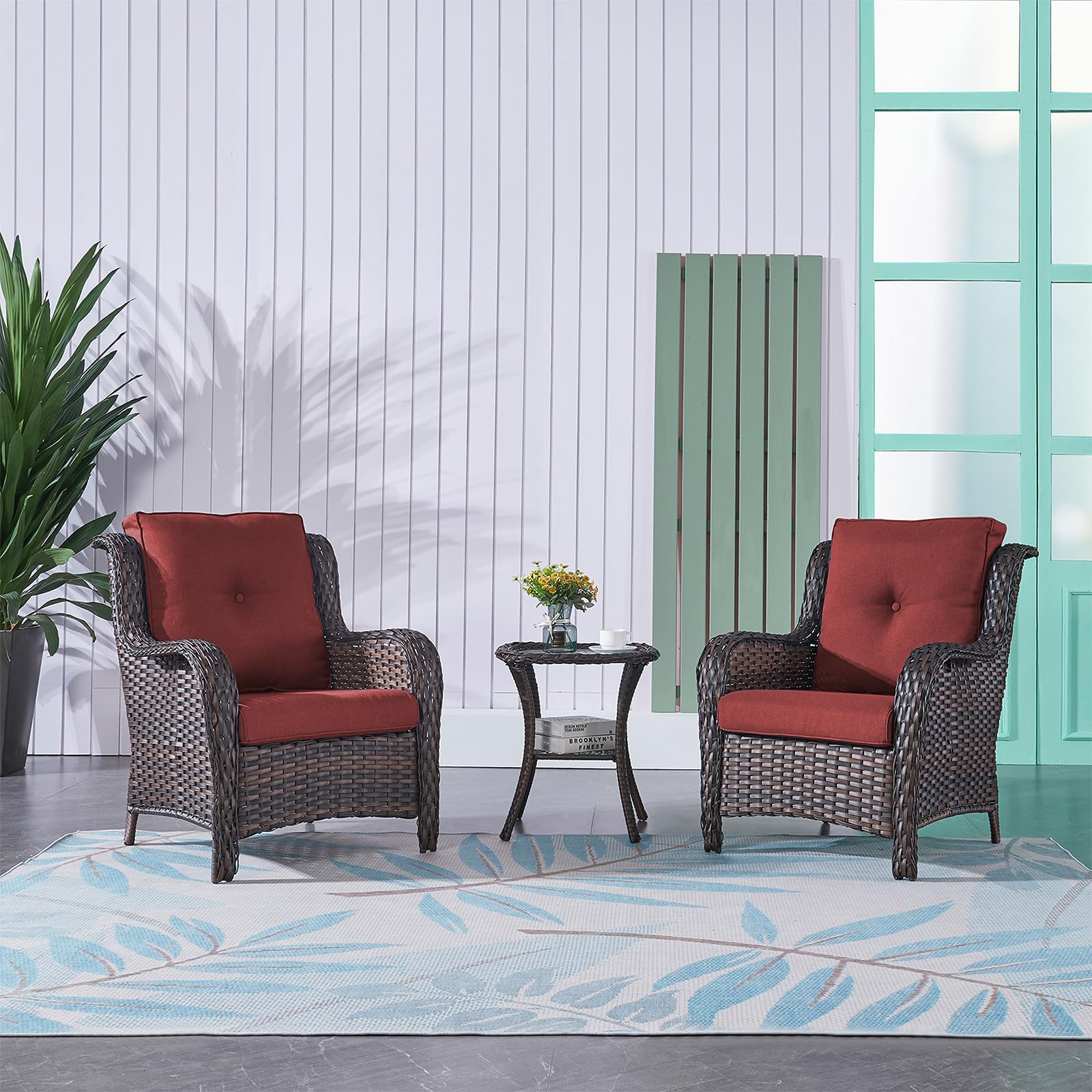 2-Piece Wicker Rattan Patio Furniture Set - High Back Deep Seating Outdoor Chairs for Deck, Porch, Balcony, Backyard & Garden (Brown/Red) - Perfect for Relaxing, Lounging & Entertaining Guests