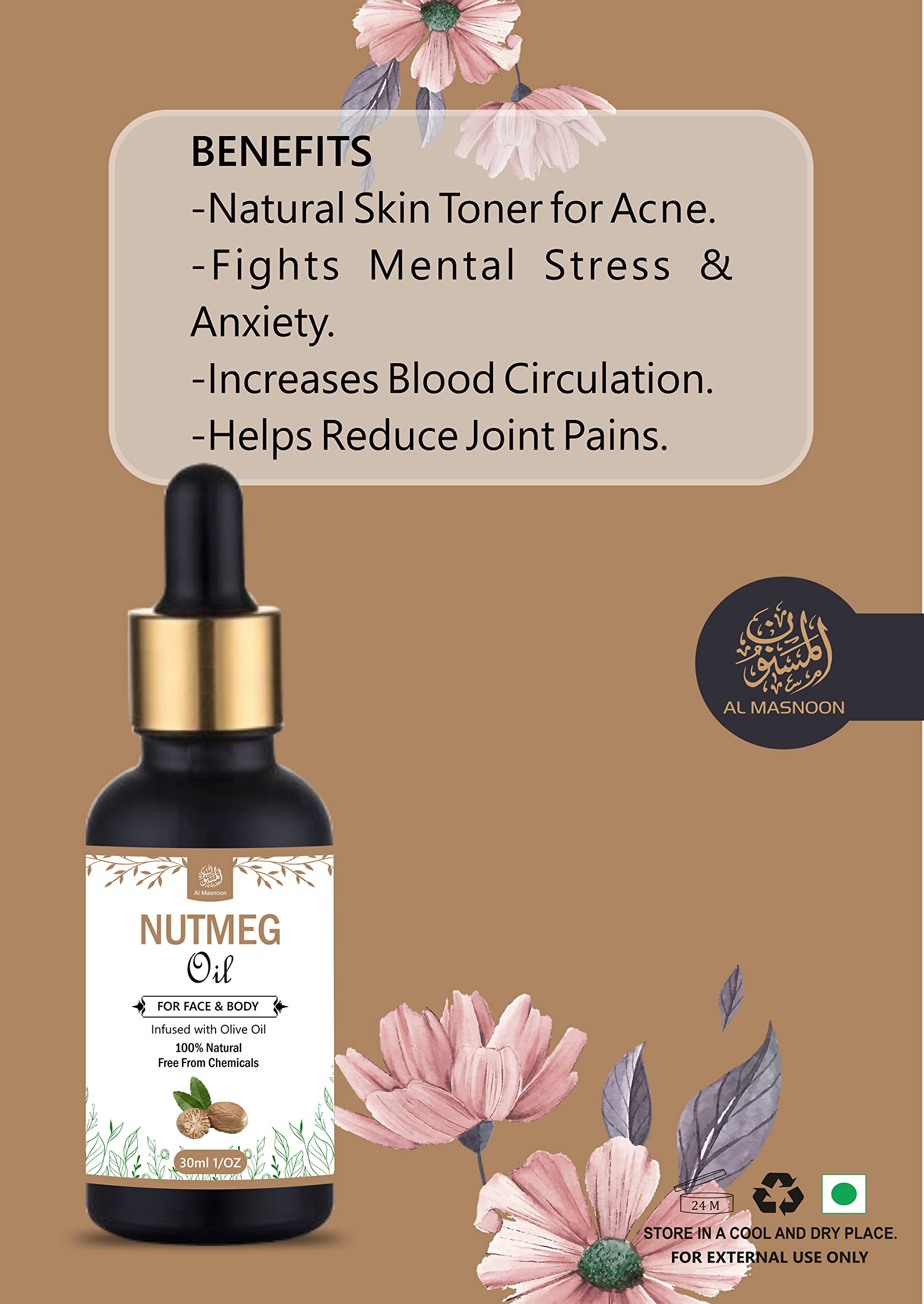 Premium 100% Natural Nutmeg Oil (Jaifal Oil) Infused with Olive Oil - 30ml Bottle for Facial Care & Body Massage | Hydrates Skin, Reduces Inflammation | Perfect for Aromatherapy & Relaxation