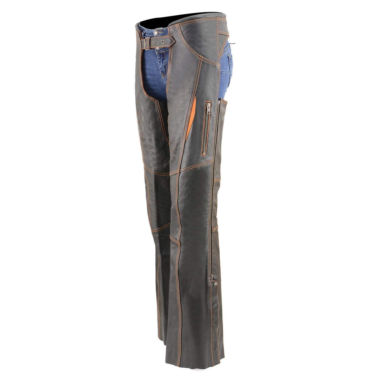 Premium Milwaukee Leather Motorcycle Chaps for Women - Black & Orange with Laser Cut Accent Stitching (MLL6525, Large) | Durable Riding Gear for Harley, Cruiser & Adventure Bikes