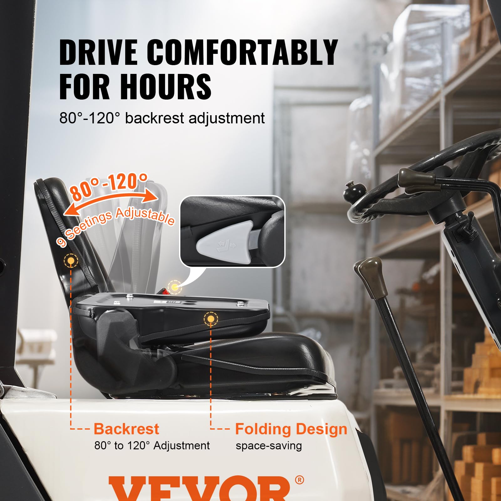 VEVOR Universal Forklift Seat - Adjustable Angle Back, Micro Switch & Retractable Seatbelt - 6.3-13.4