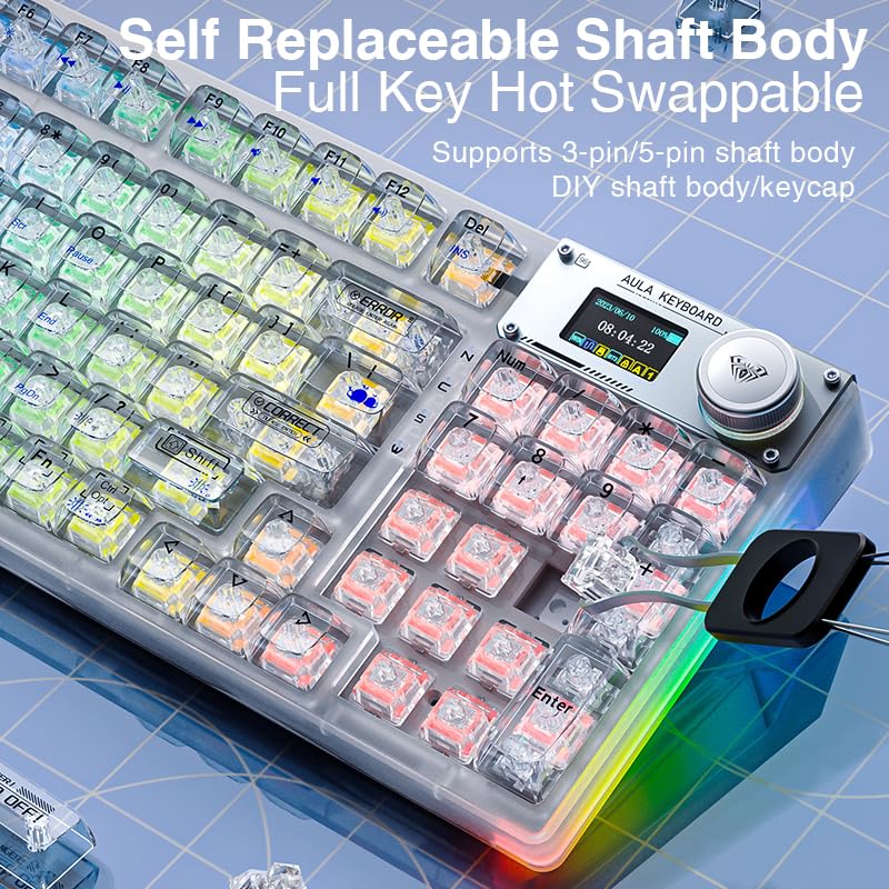 AULA F98 Pro Wireless Mechanical Keyboard - Hot-Swappable RGB Gaming Keyboard with Transparent Keycaps, Linear Switches, Gasket Mount & OLED Screen | Bluetooth 5.0/2.4G/USB-C for PC/Mac (Ideal for Gaming, Typing & Office Work)