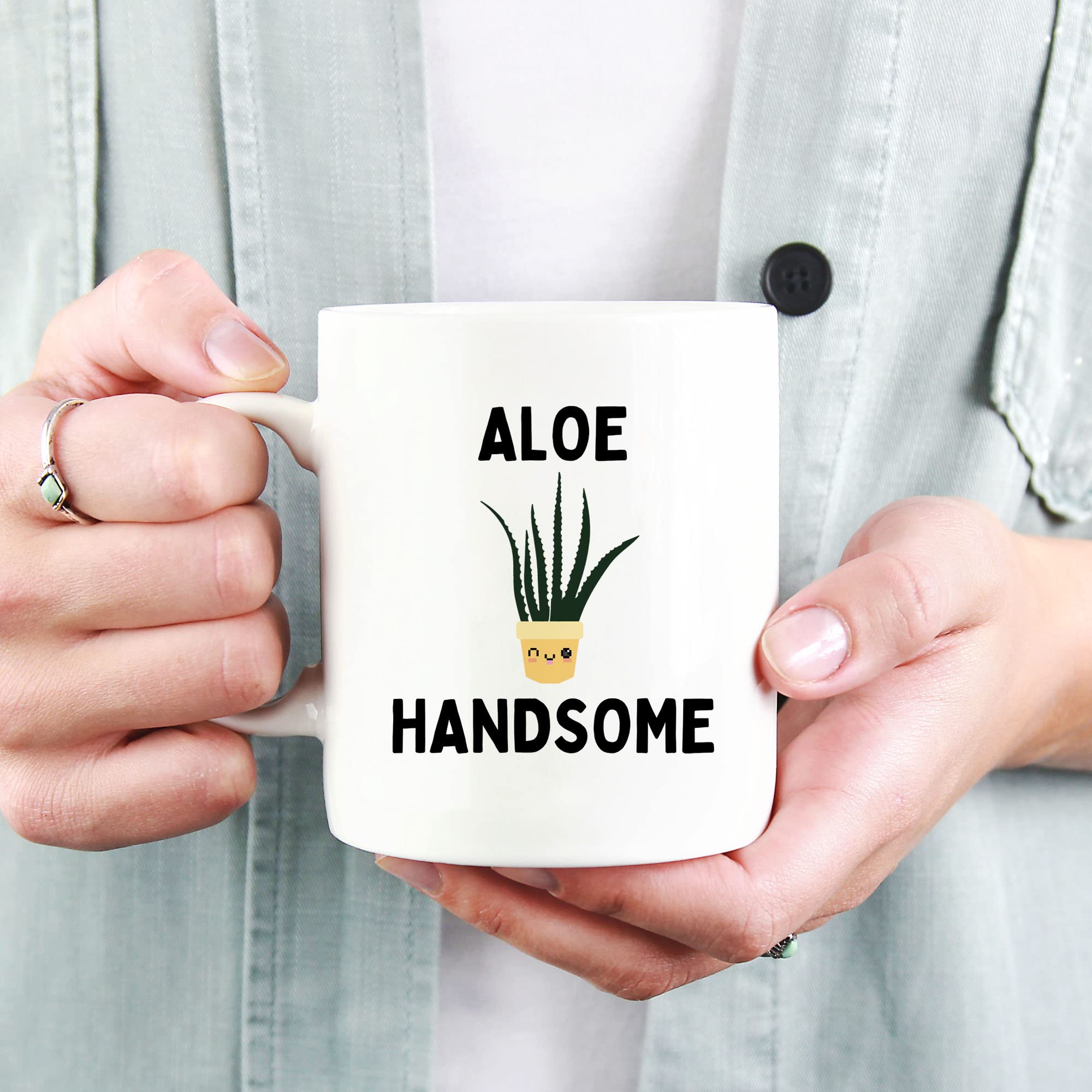 11oz White Aloe Handsome Mug - Ceramic Coffee & Tea Cup for Plant Lovers, Gardeners, Green Thumbs - Perfect Gift for Birthday, Thanksgiving & Friends - Funny Houseplant Collector Gift for Home & Office Use