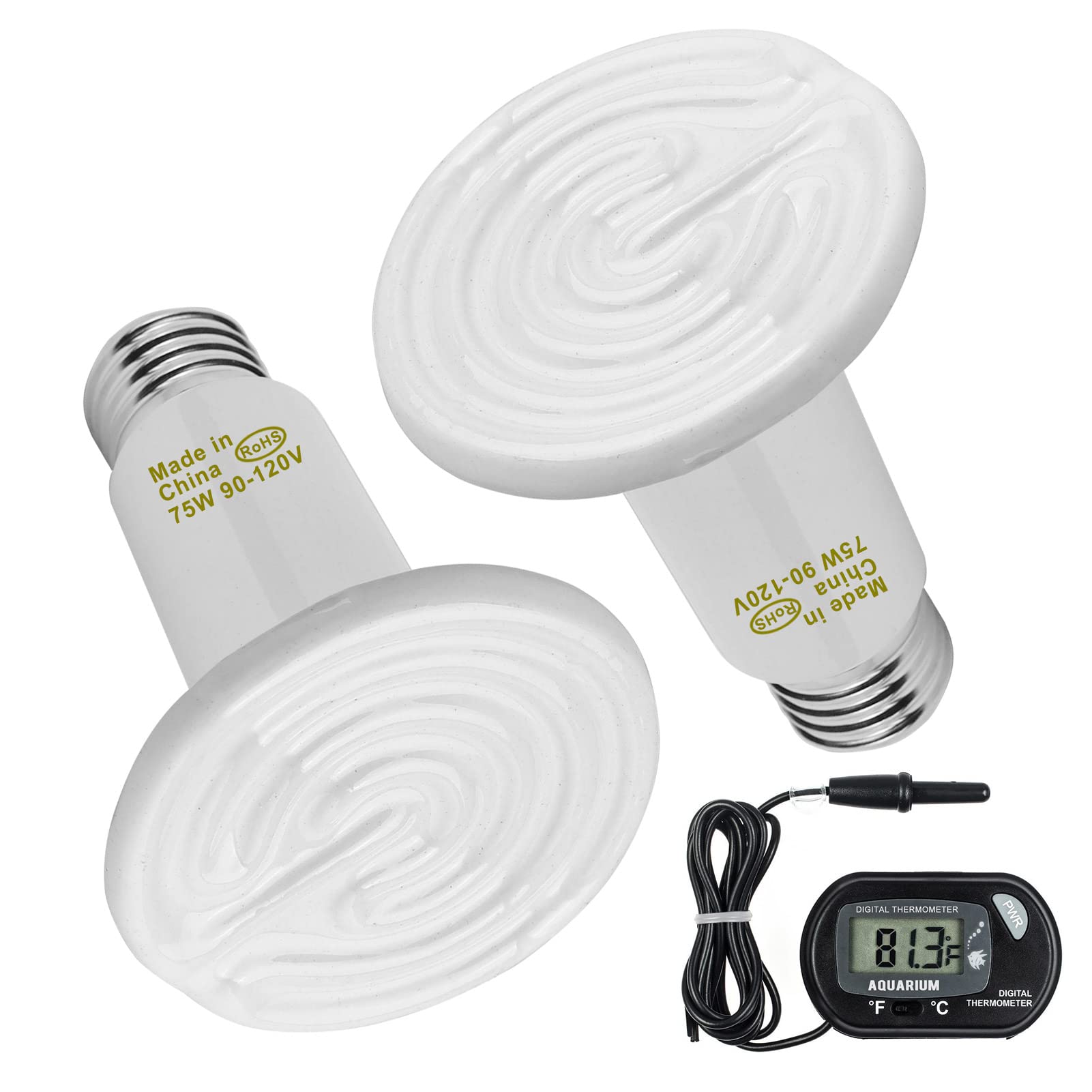 2 Pack 75W White Ceramic Heat Lamp with Digital Thermometer - Infrared Bulb Emitter for Pet Reptiles, Chicken Coop, Brooder & Aquarium - ETL Certified (Ideal for Lizards, Turtles, Snakes & Small Animals)