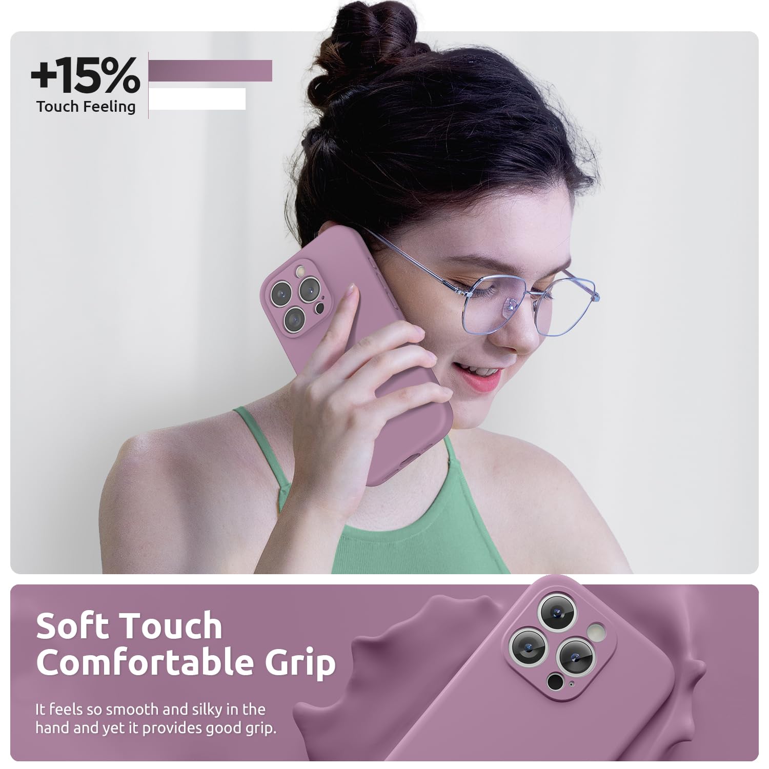 SURPHY iPhone 15 Pro Case 6.1 inch (2023) - Premium Liquid Silicone Protective Cover with Built-in Screen Protector, Camera Protection & Soft Microfiber Lining - Includes Lanyard & Phone Strap (Lilac Purple) - Perfect for Everyday Use, Travel & Outdoor Activities