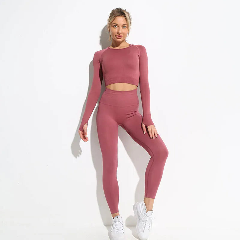 2pcs Women's Seamless Hyperflex Workout Outfits - Long Sleeve Crop Top & High Waist Leggings for Yoga, Gym & Running | Athletic Sportswear for Women | Perfect for Fitness, Training & Active Lifestyle