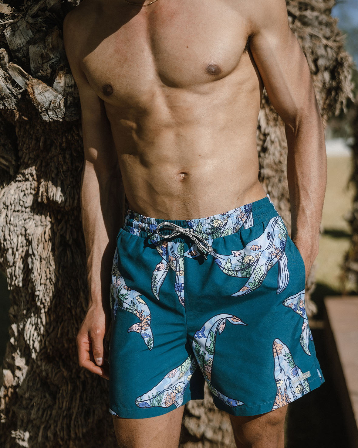 Coral Whale Print Swim Shorts for Men - Quick Dry Beach Shorts with Pockets - Perfect for Swimming, Surfing, and Summer Vacations