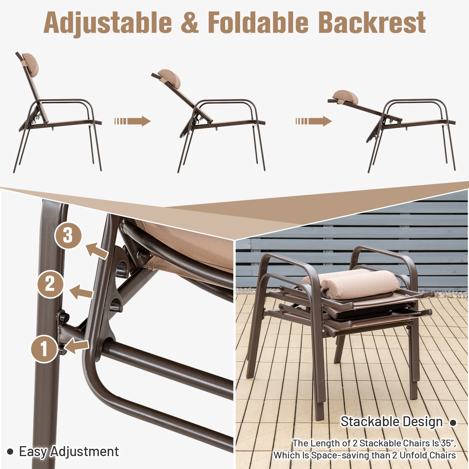Giantex 3-Piece Outdoor Patio Bistro Set with Tempered Glass Coffee Table & 2 Stackable Chairs - Adjustable Backrest & Headrest - Brown Porch Furniture for Garden, Balcony, and Backyard Relaxation