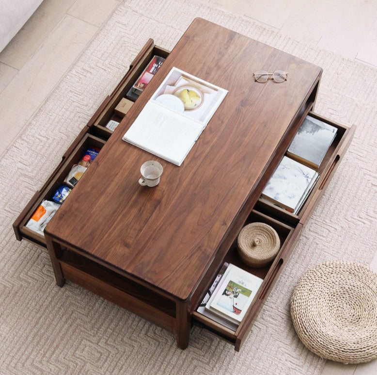 Solid Black Walnut Wood Coffee Table with 4 Drawers - Rustic Modern Living Room Furniture for Home Decor