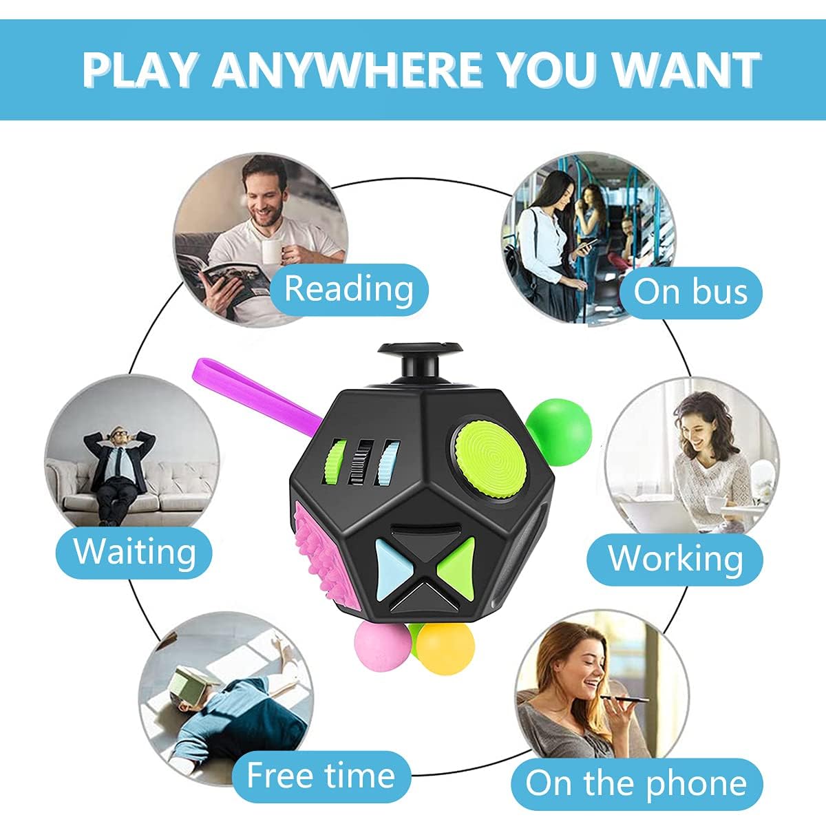 12-Sided Fidget Cube Toy for Stress Relief - Anxiety Sensory Toys for Kids, Teens & Adults with ADHD, OCD, Autism - Perfect for Office, School & Travel (Black)