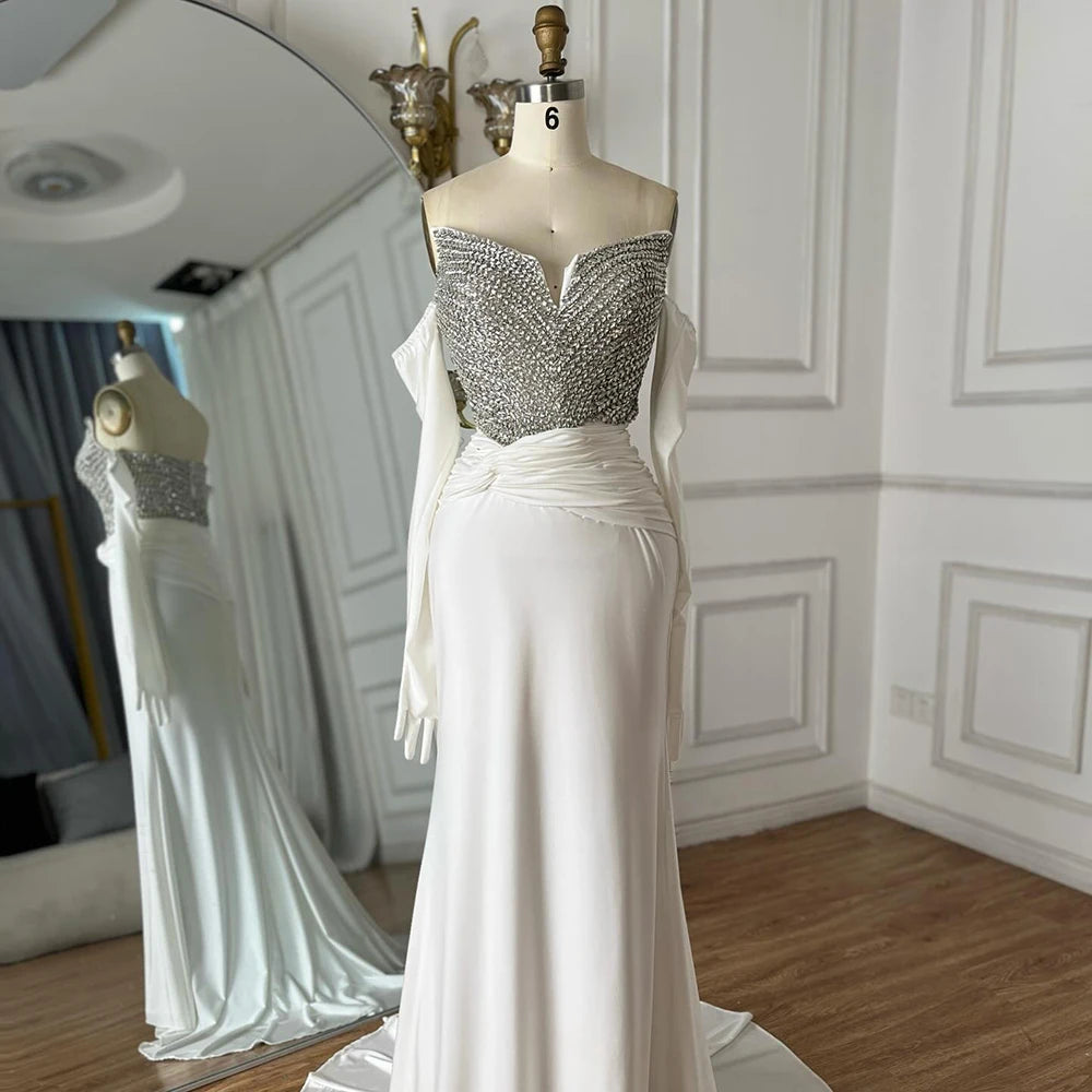 Elegant White Arabic Evening Gown with Crystal Beading - Luxury Dubai Formal Dress with Gloves for Weddings, Galas & Special Occasions LA72758