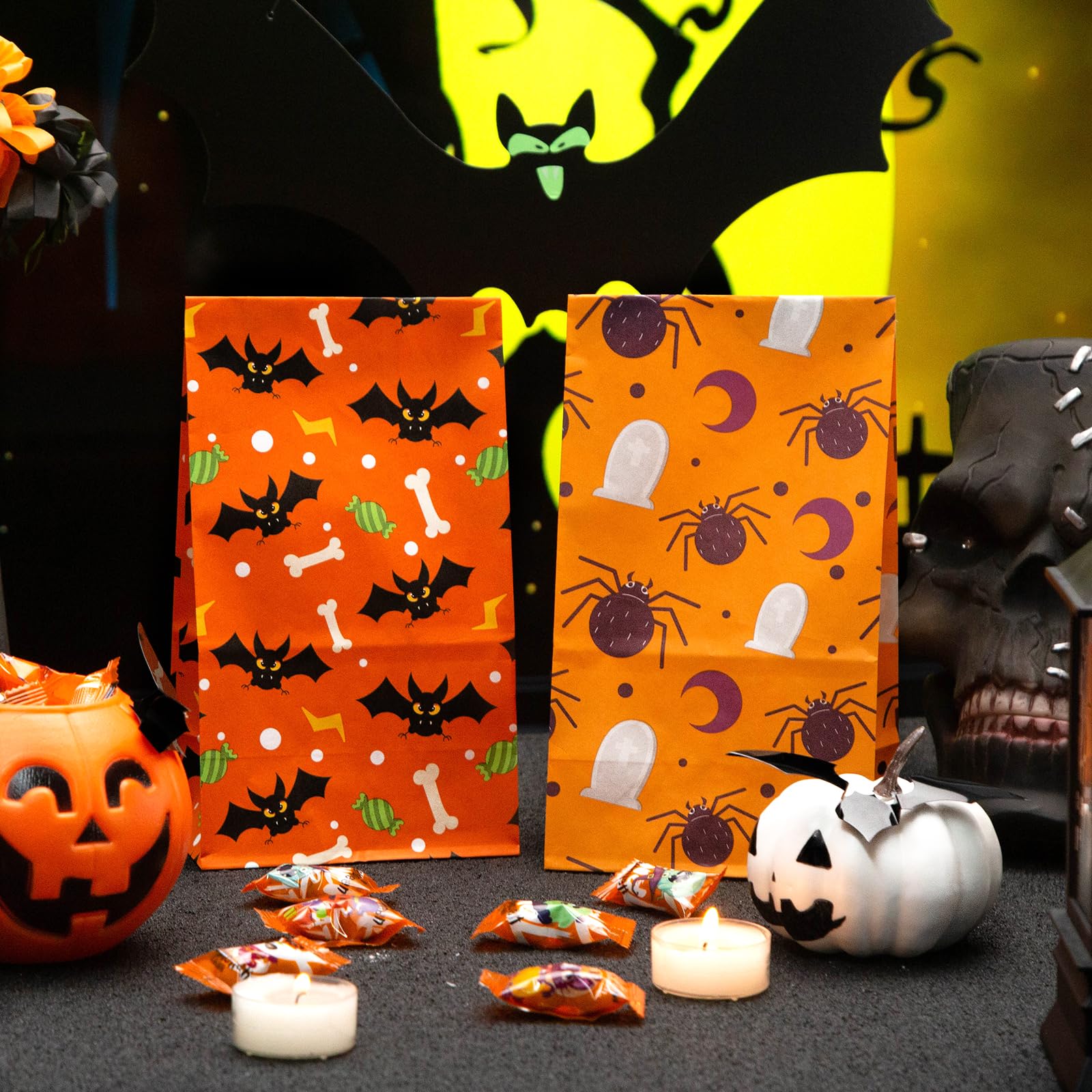 JOHOUSE 54PCS Halloween Candy Bags Bulk - Small Paper Treat Bags with Sealing Stickers for Trick or Treat, Party Favors, Classroom Treats & Halloween Party Decorations