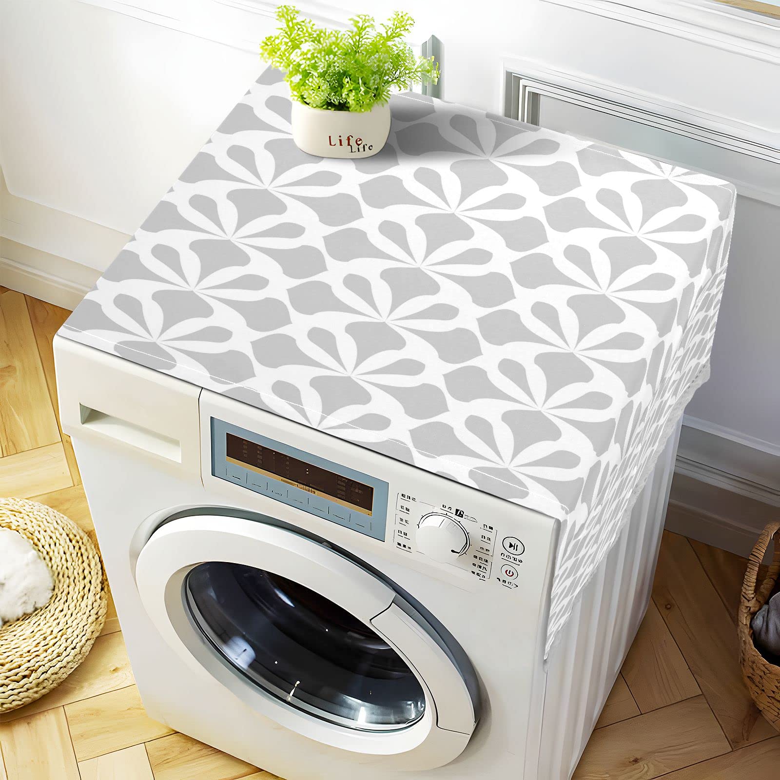 Waterproof Washing Machine Cover - White & Grey Geometric Flower Pattern Top Cover Protector for Washer Dryer, Dustproof Refrigerator Cover with Storage Bags - Perfect for Laundry Room, Kitchen & Home Decor (Dust Protection & Appliance Care)