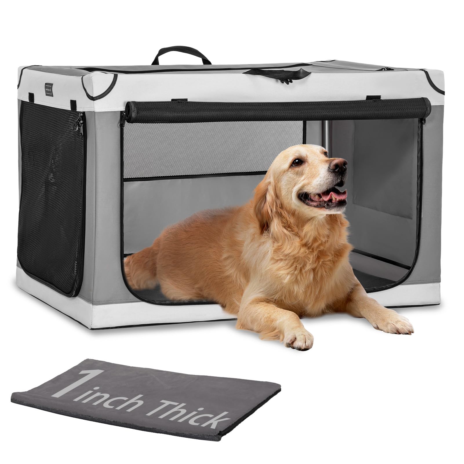 Petsfit 36 Inch Portable Soft Dog Crate - Lightweight, Sturdy & Comfortable Collapsible Pet Carrier with Thick Mat for Home, Travel & Outdoor Use - Easy Setup Foldable Kennel (Light Grey) - Perfect for Camping, Road Trips & Vet Visits