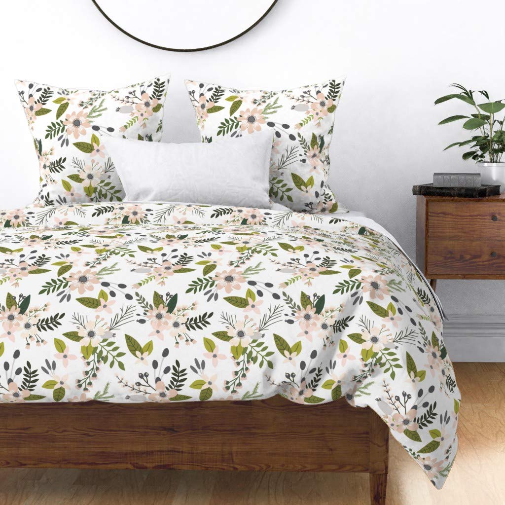 Premium Spoonflower Cotton Sateen Duvet Cover - Full/Queen Size, Blush Charcoal Sprigs Floral Print | Bohemian Botanical Nursery Bedding for Spring & Girls Room Decor | Soft Luxury Bed Cover for Home & Guest Room