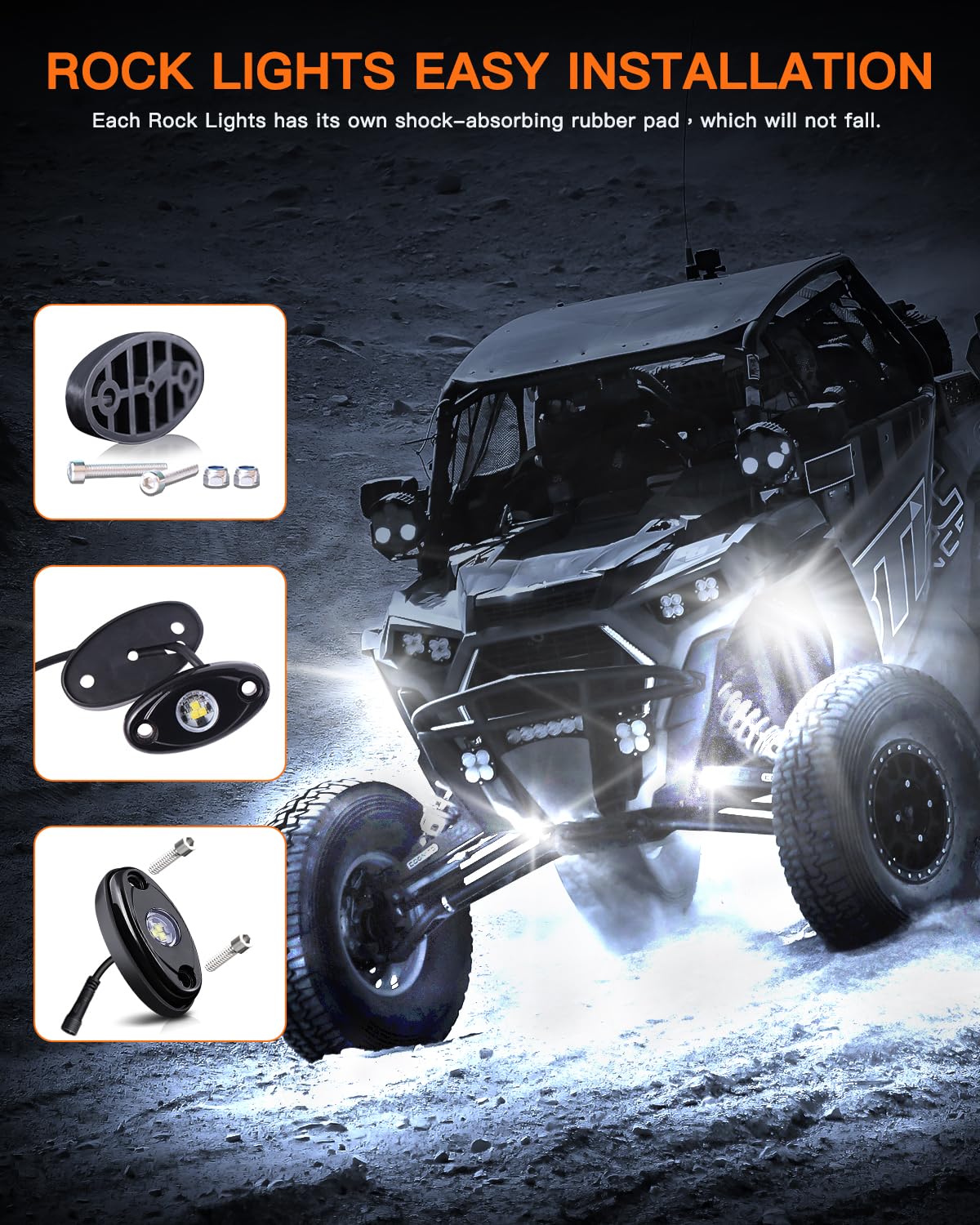 R1 Pure White LED Rock Lights Kit - 12PCS High Power Waterproof Underglow Lights with Roker Switch & Wire Harness for Trucks, Off-Road ATV, UTV, SUV | Perfect for Night Off-Roading, Car Shows & Custom Vehicle Lighting