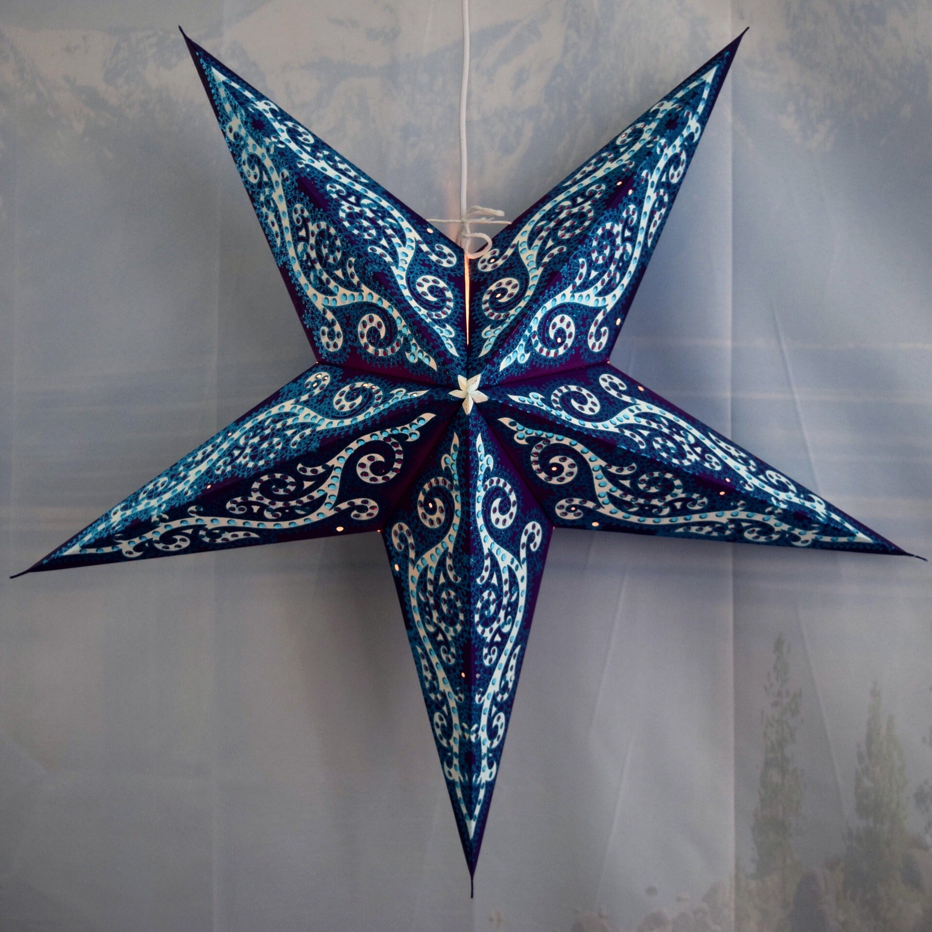 24 Inch Blue Mystic Glitter Paper Star Lantern with Pendant Light - DIY Home Decor, Party & Wedding Lighting, Bedroom & Outdoor Decoration