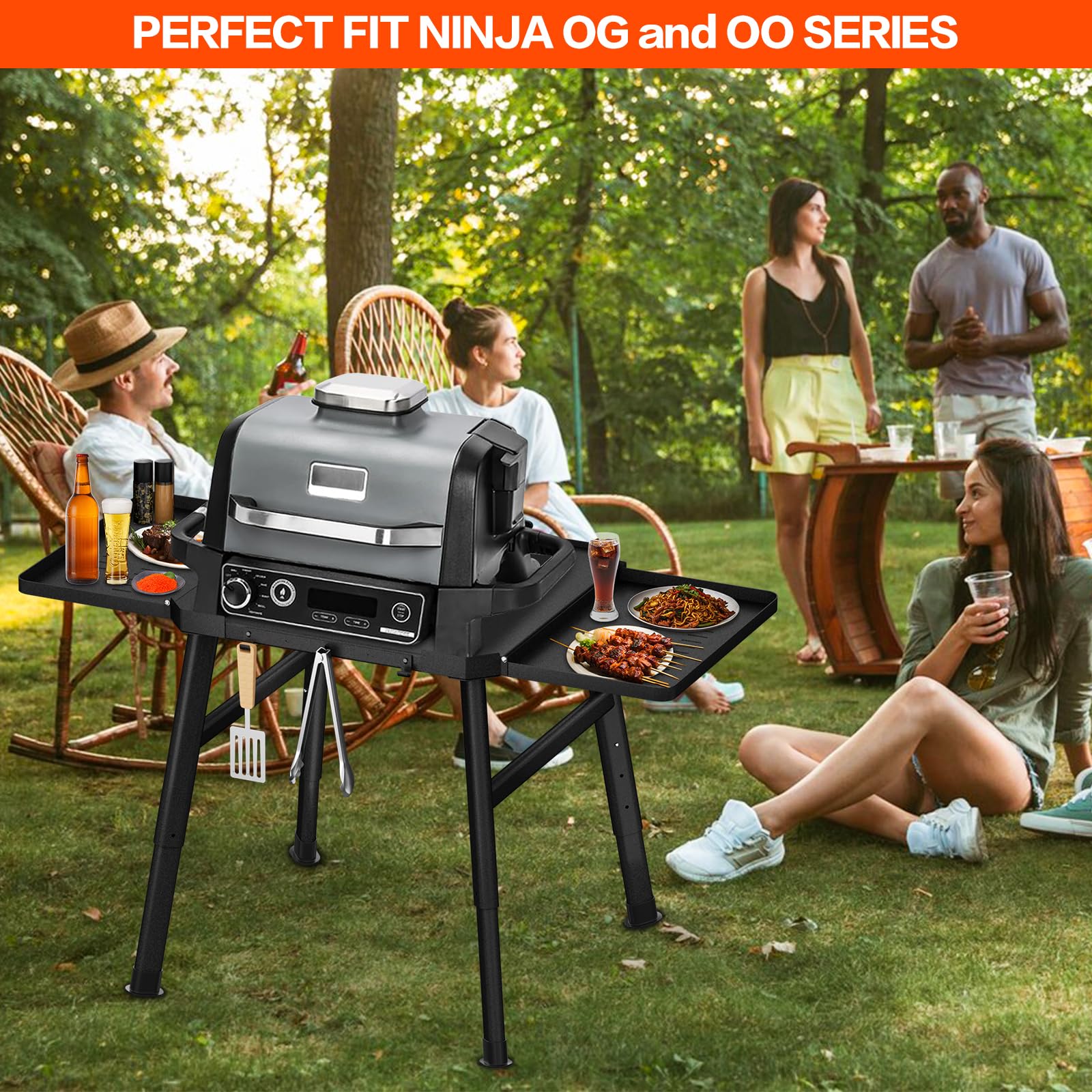 Universal Grill Table Stand for Ninja OG & OO Series, Woodfire & Pizza Oven - Outdoor Cooking Side Table with Utensil Holder | Perfect for Backyard BBQs, Camping & Patio Parties