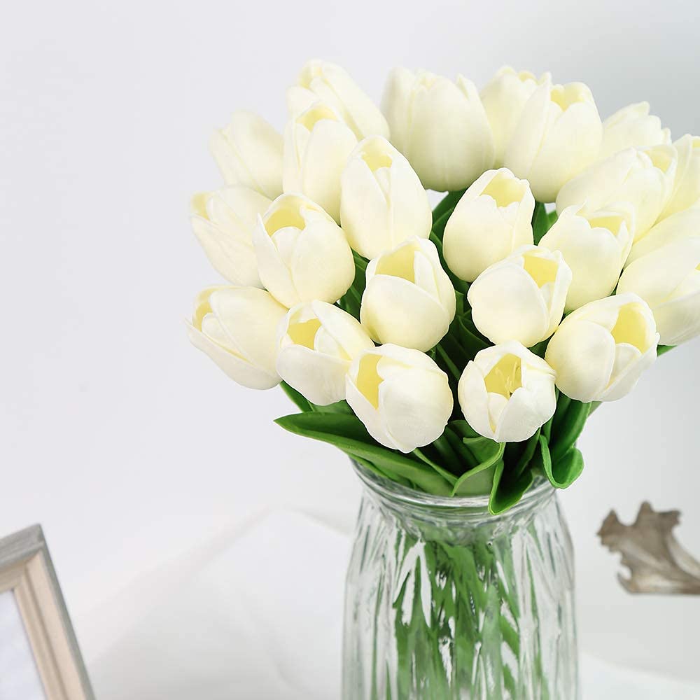 24PCS IPOPU Real Touch Artificial Tulips Flowers - Cream Faux Tulip Decor for Home, Table Centerpieces, Baby Shower & Wedding Arrangements | Lifelike Fake Flowers for Vase, DIY Crafts & Seasonal Decor (Off White)