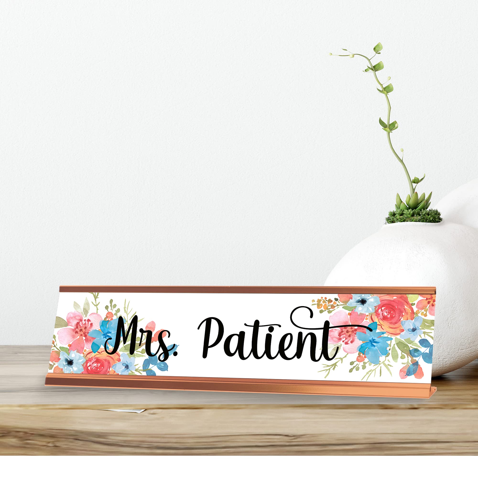 Mrs. Patient Flowers Gold Frame Desk Sign - 2x8 Inches Elegant Office Nameplate for Doctors, Nurses & Medical Professionals - Perfect for Reception Desks, Clinic Counters & Healthcare Workstations