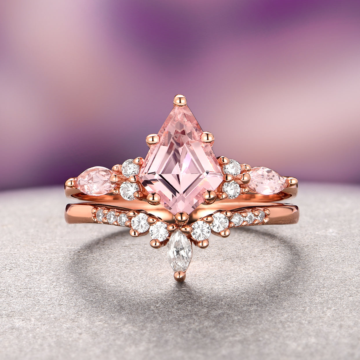 Skye Kite™ Morganite Engagement Ring Set - 14K Solid Rose Gold Wedding Band, Dainty Stackable Rings for Women, Perfect for Proposals, Anniversaries & Bridal Jewelry Gifts