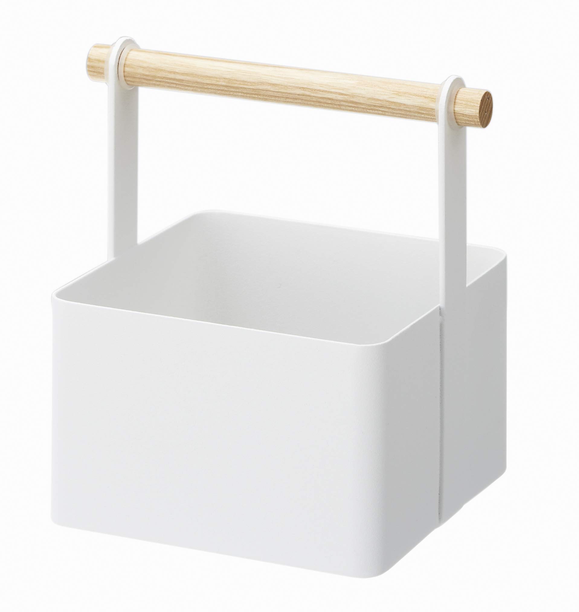 YAMAZAKI Home 2507 White Storage Basket with Dual Handles - Small Wood Handle Organizer for Bathroom, Kitchen, and Closet Storage - Compact Home Organization Solution
