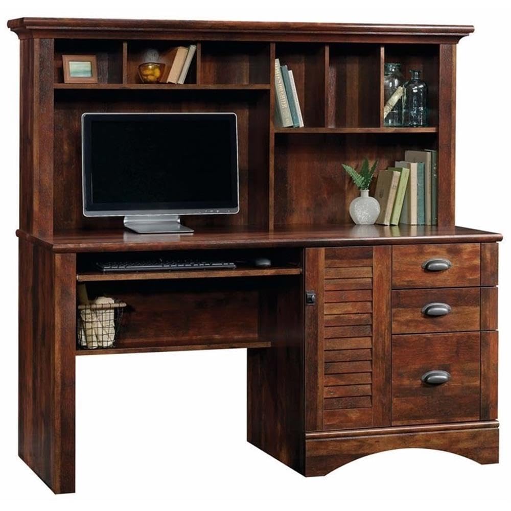 Pemberly Row Computer Desk with Hutch, CPU Storage & Keyboard Drawer - Curado Cherry Finish for Home Office, Study & Workspace Organization