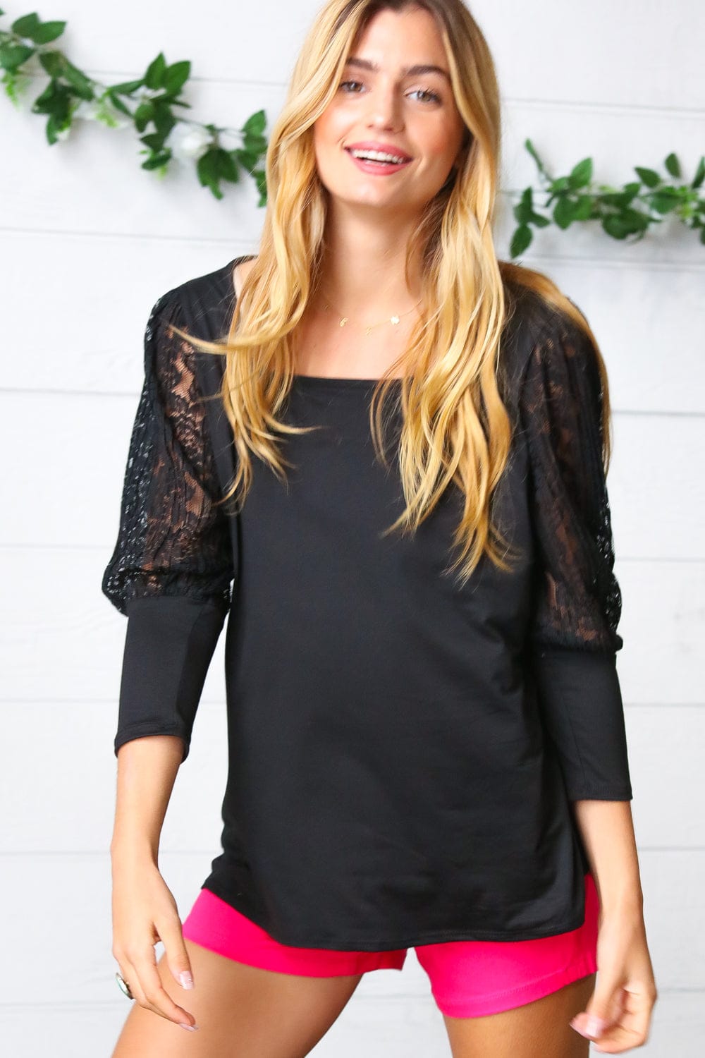 Black Lace Three Quarter Bubble Sleeve Top - Elegant Women's Blouse for Party, Date Night & Special Occasions