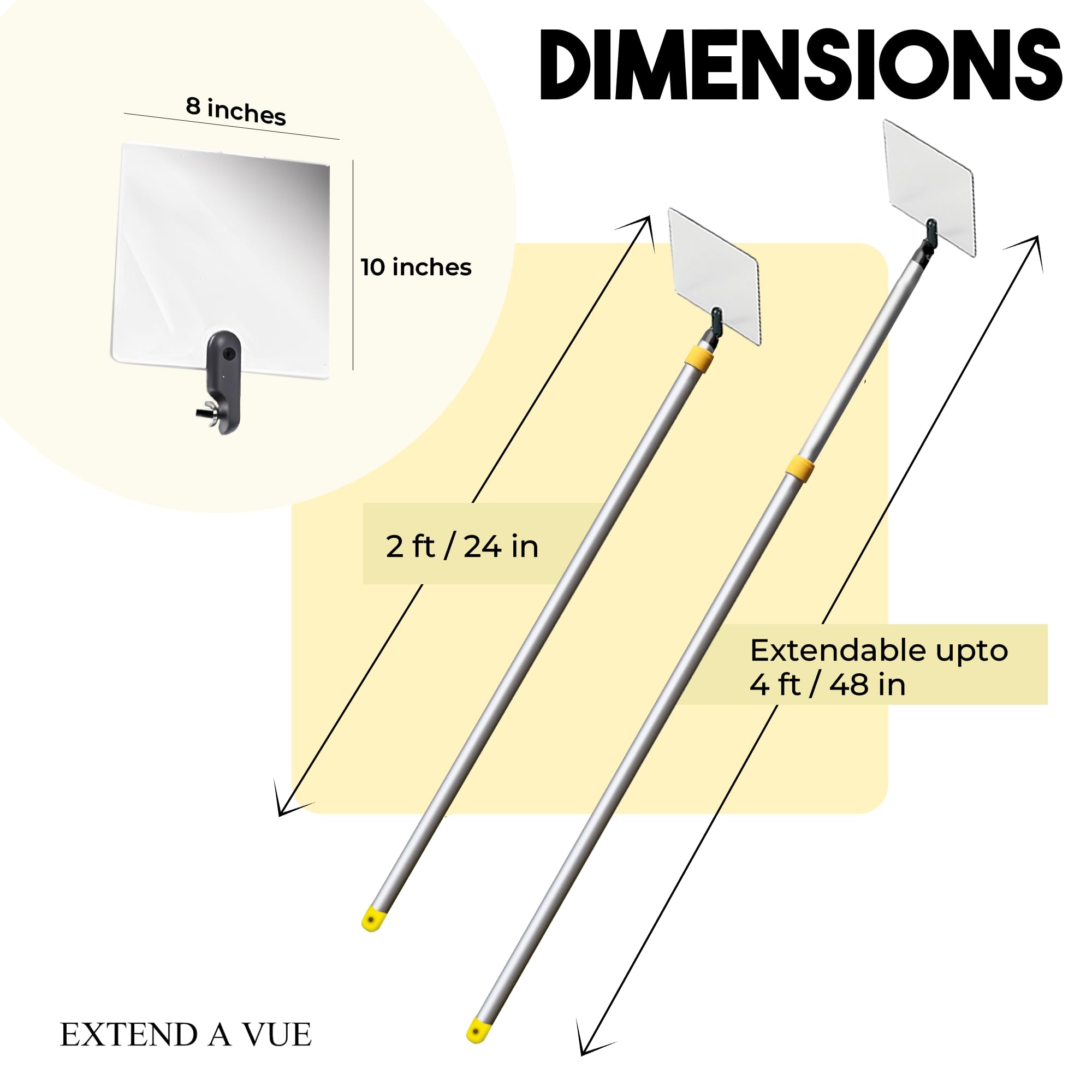 Telescopic Inspection Mirror with Extendable Pole (2ft-4ft) - Lightweight & Durable 8x10 Inch Acrylic Mirror for Automotive, HVAC, and Home Maintenance