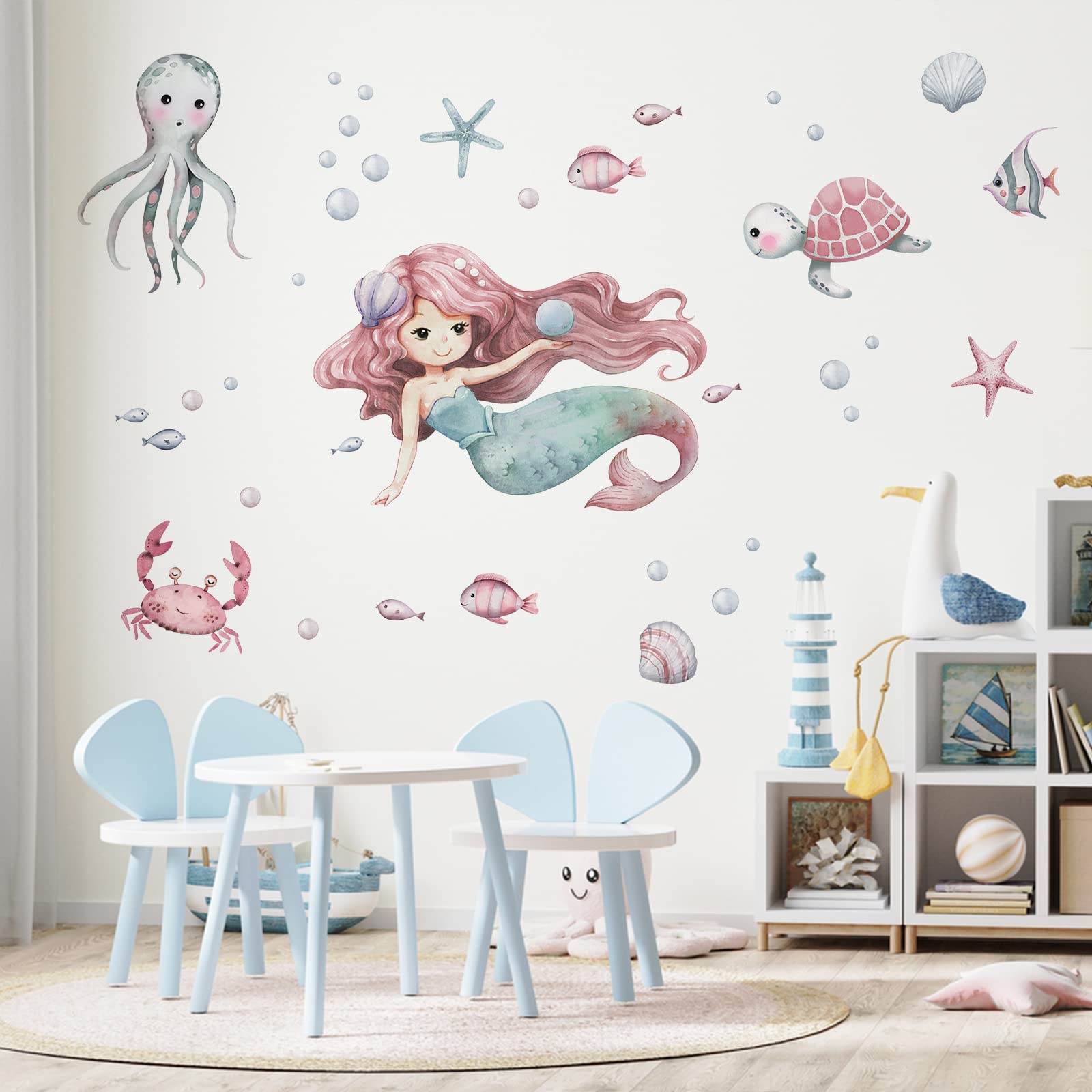 Under The Sea Whale Wall Decals - Ocean Theme Mermaid & Marine Animal Stickers for Kids Room Decor | Neutral Nursery, Toddler Bedroom & Baby Gift Ideas | Perfect for Birthday Parties, Classroom Decor & DIY Home Design