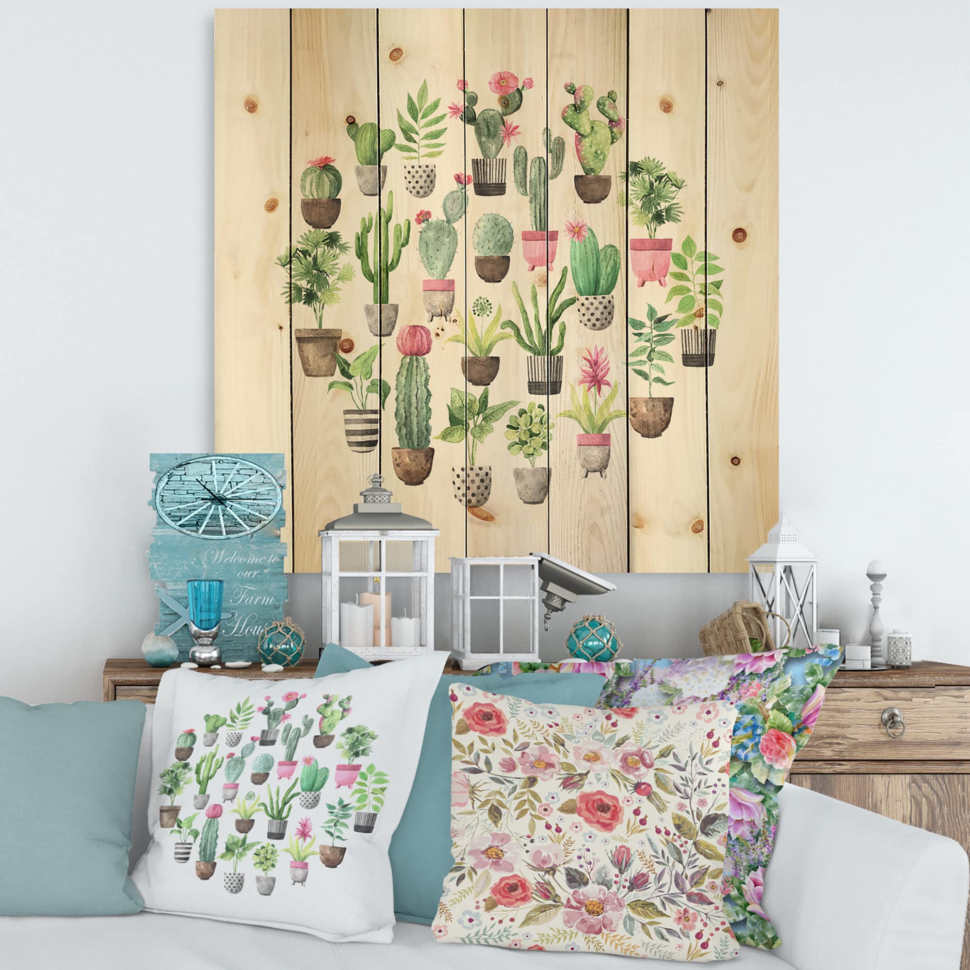 DesignQ Cacti in Ceramic Pots - Gentle Tone Botanical Wall Art Print on Natural Pine Wood | Perfect for Home, Office & Boho Decor