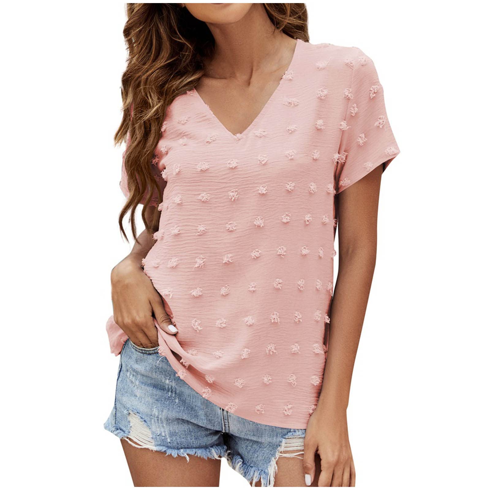 Women's V-Neck Short Sleeve Casual T-Shirt - Summer Solid Color Blouse Top - Plus Size Comfort Fit for Everyday Wear, Work & Outdoor Activities