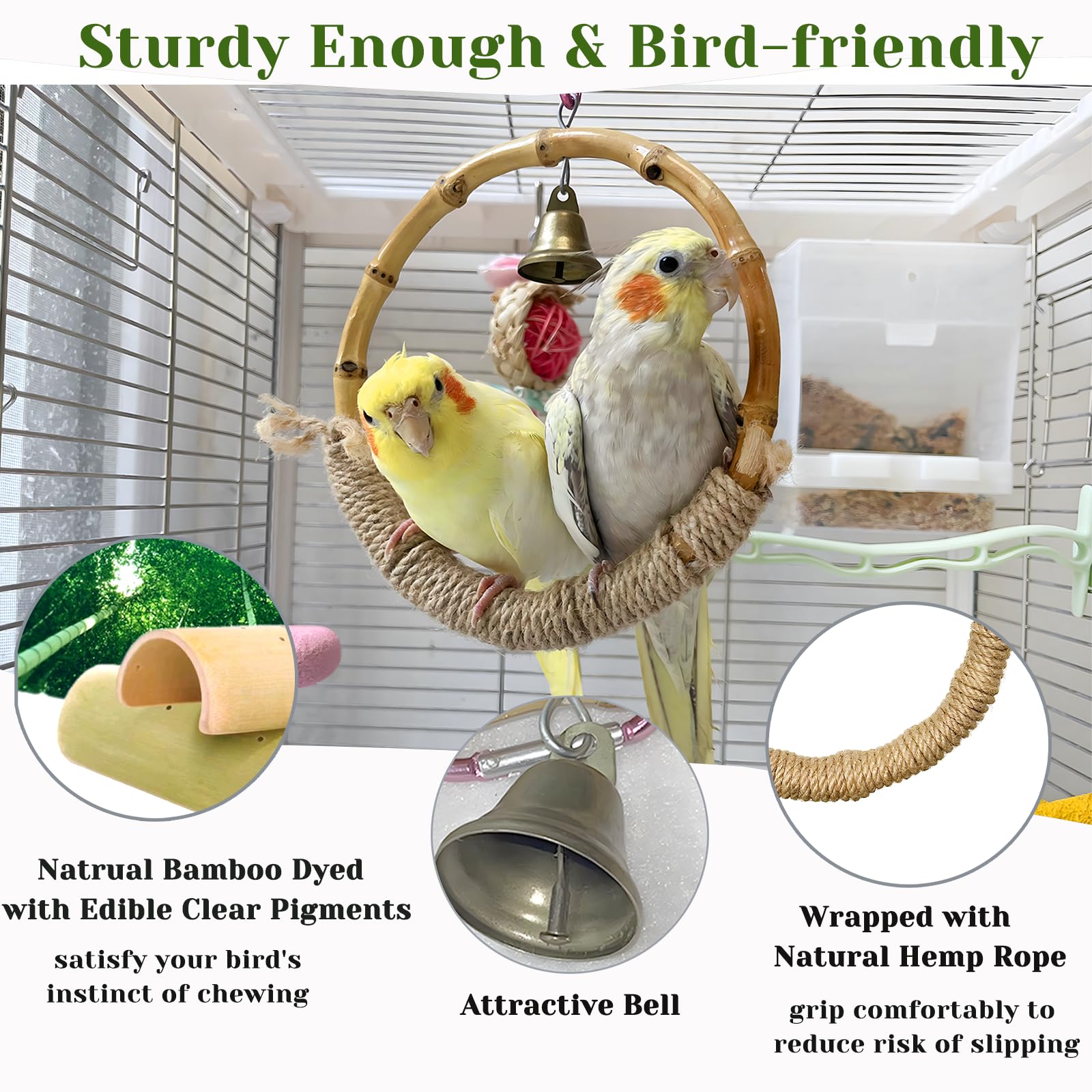 Natural Bamboo Bird Swing Toy for Parakeets & Small Birds - Sturdy Hemp Rope Perch for Cage - Chewing & Climbing Toy for Parrots, Budgies, Cockatiels, Conures, Finches - Perfect for Playtime & Exercise in Bird Cages
