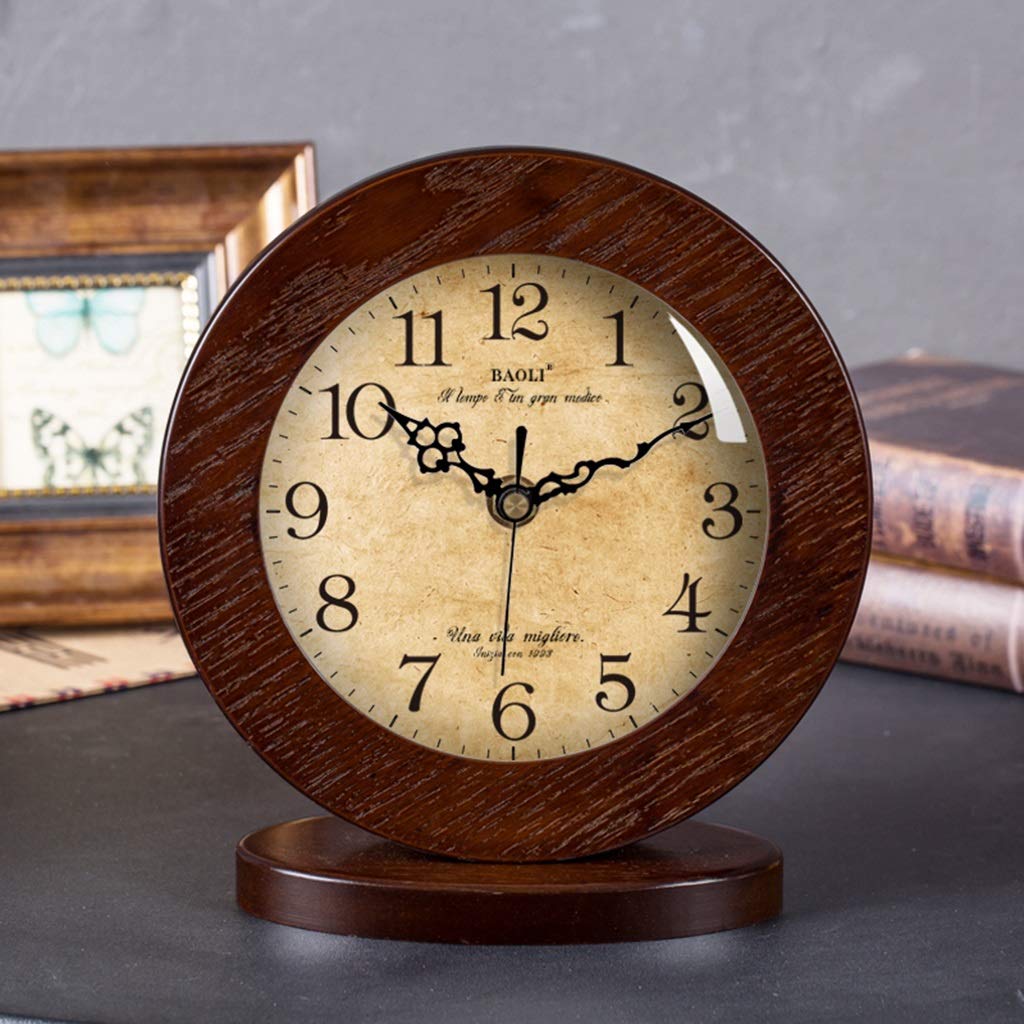 Vintage Solid Wood Retro Desk Clock - Small Quartz Table Clock for Home Office Decor, Shelf & Desk Decoration (Brown, 20cm/7.8