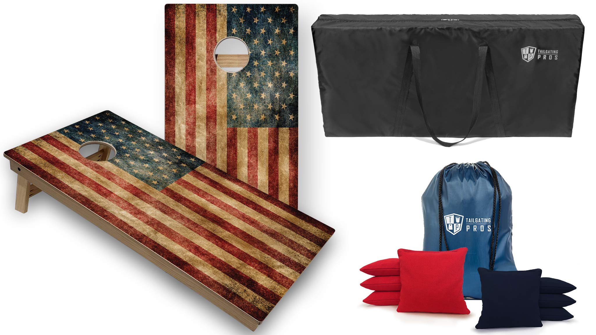 Tournament Grade Cornhole Game Set – 2 Professional 4'x2' Distressed Flag Regulation Baltic Birch Cornhole Boards, Carrying Case & 8 Bags – Optional LED Lights – Perfect for Tailgating, Backyard Parties & Outdoor Events